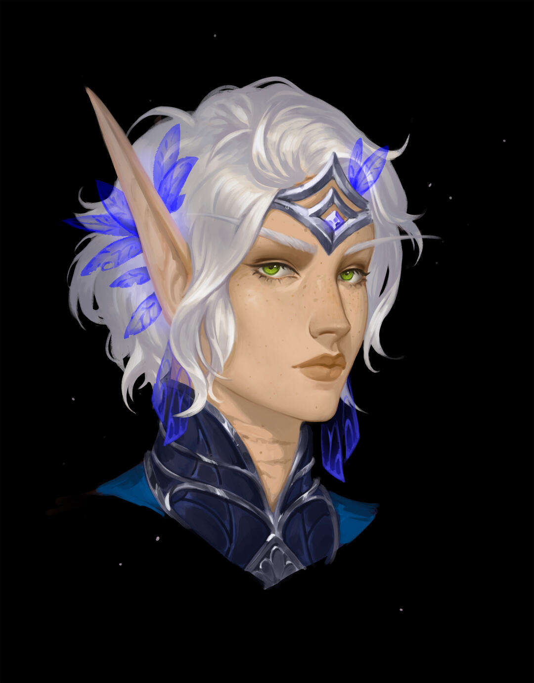 Portrait of Erilihn in a blue shirt with blue leaves in her hair. She has a serious expression and is looking at the viewer.