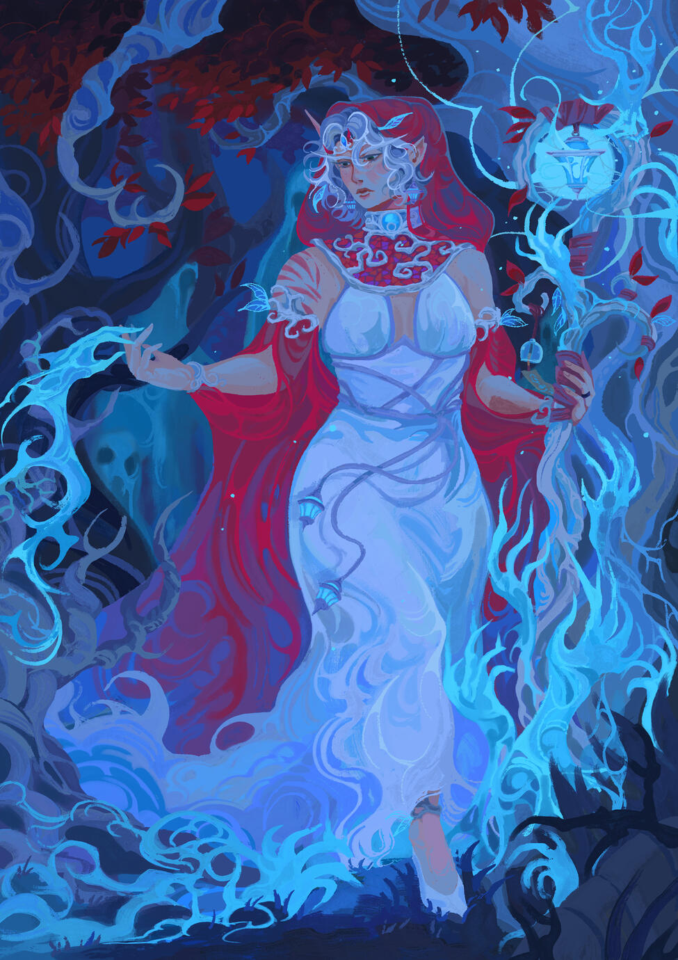 Erilihn in the forests around Windrunner Village at night. She is wearing a white dress with a reddish-pink sheer cape, and she is holding her lantern staff, which appears to be drawing out the restless dead.
