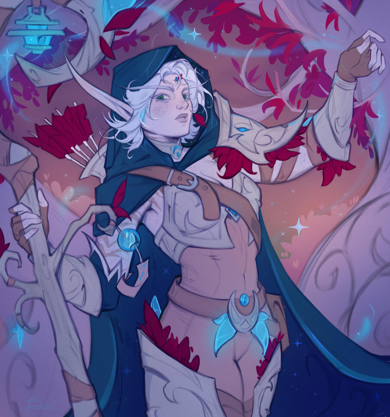 Erilihn in white wooden armor and brown leather, with red leaves and blue glowy accents. They have a dark peacock blue cape on and they are holding their lantern staff. They are standing in Eversong Woods at the twilight hour.