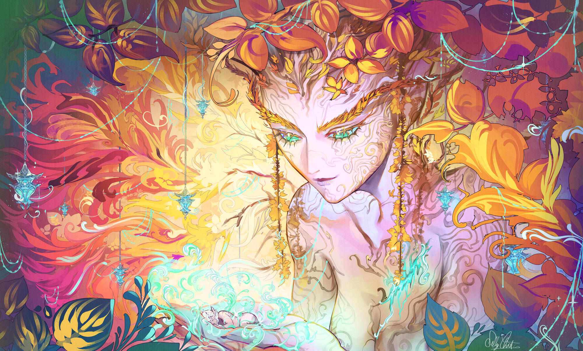 Cerebral piece featuring a humanoid version of Thas'alah with golden leaves for hair, cradling a sleeping Erilihn in her palm. Emerald Dream magic swirls around Erilihn's sleeping form.