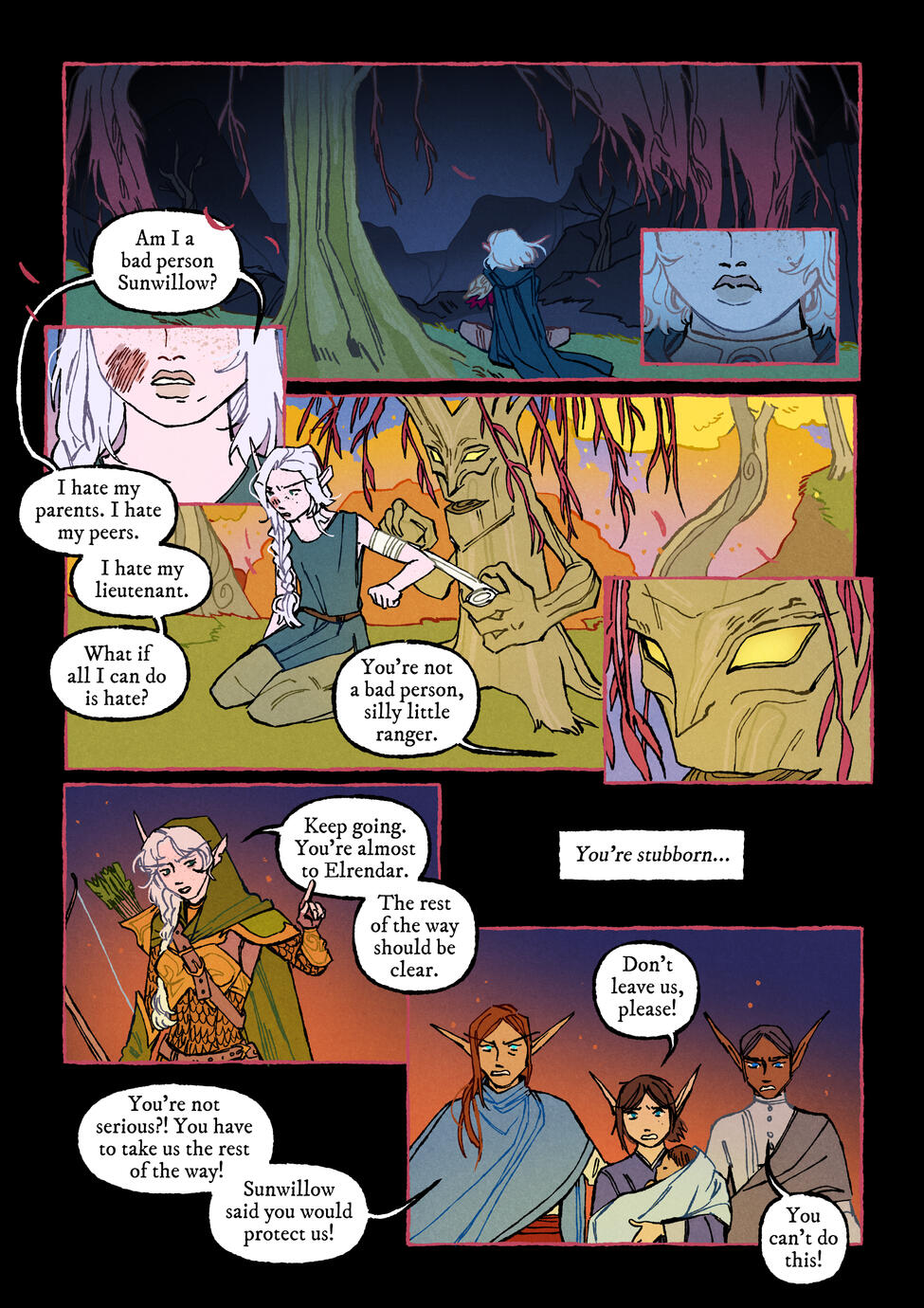 Page 1 of a comic that shows Erilihn's relationship with a her treant pseudo-father Sunwillow, and her sins of abandoning civilians during the Fall to save her parents, who were already dead. The civilians died as a result, and Erilihn carries the guilt wi