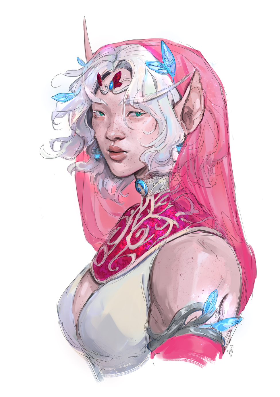 Erilihn, a blood elf with medium white wavy hair, green eyes, and pale freckled skin, dressed in pink, white, blue, and silver. She is looking at the viewer.