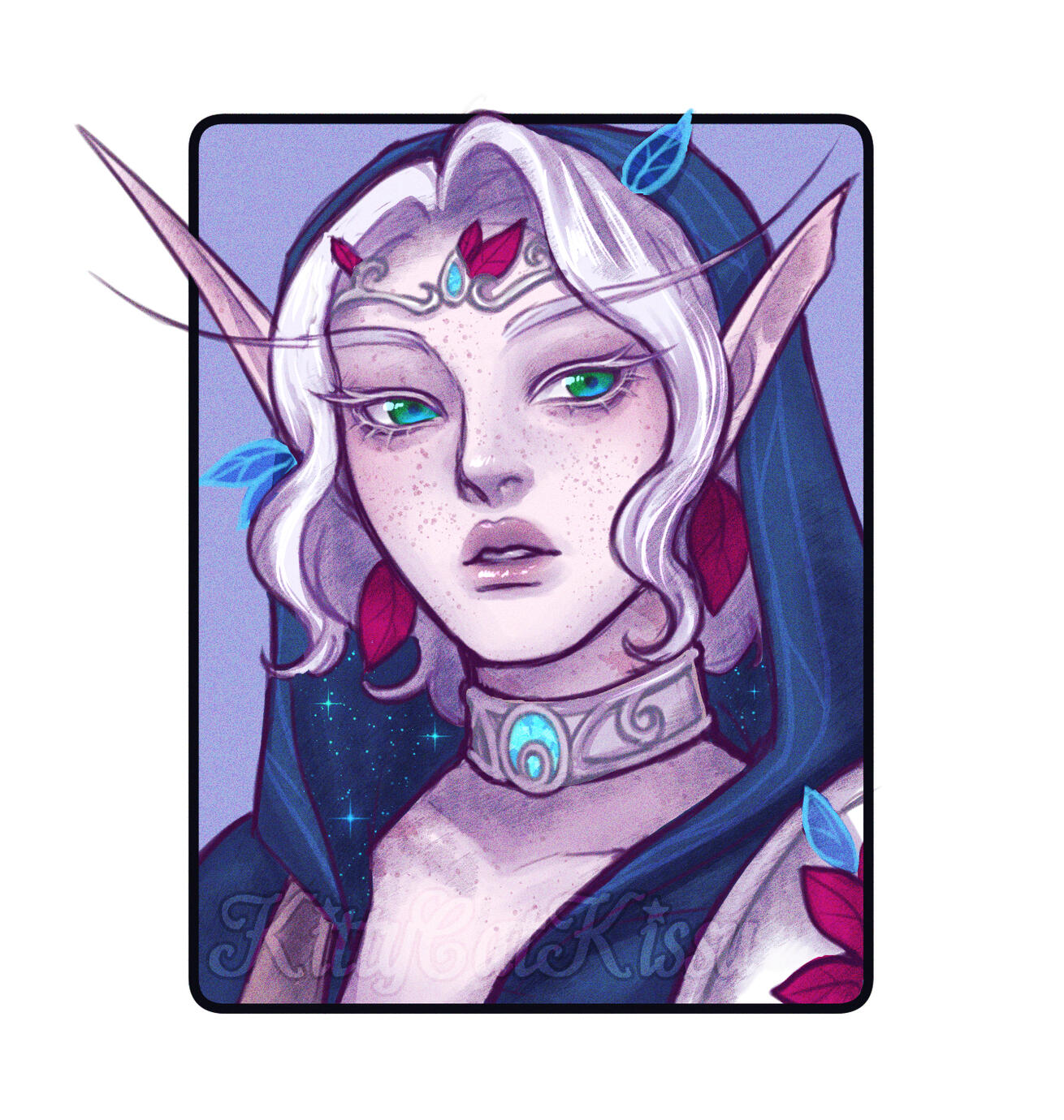Portrait of Erilihn with a peacock green hood and blue/red leaves in her hair.