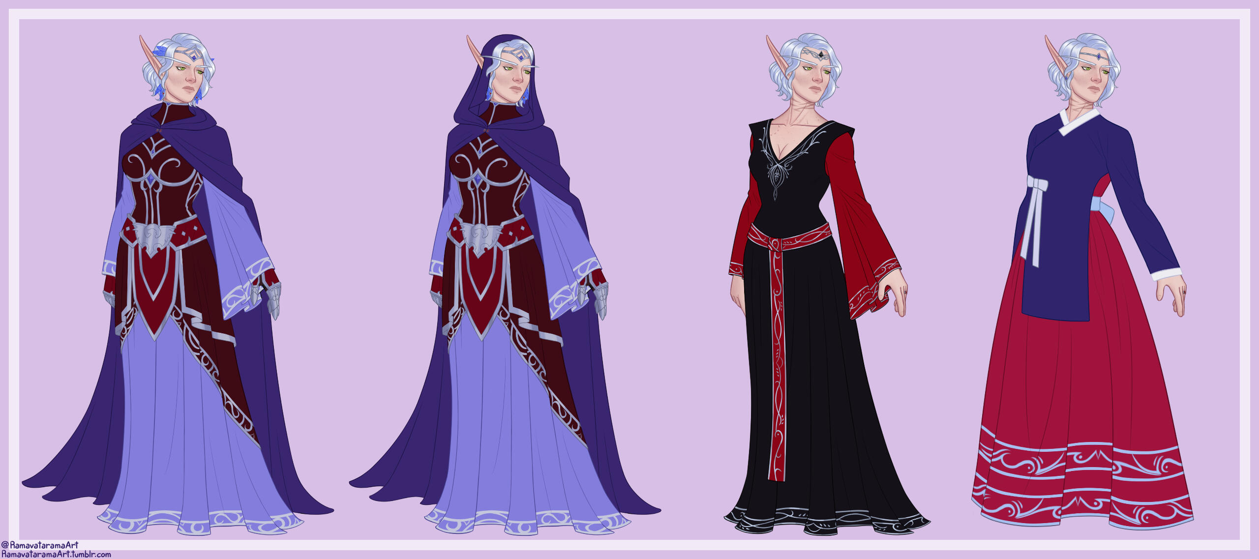 Erilihn in several outfits: a wine red and periwinkle robe with armored belt and gloves and hooded indigo cape; a black V-neck dress with draping red sleeves and a long red belt; and traditional hanbok with indigo blue jeogori and pinkish-red chima.