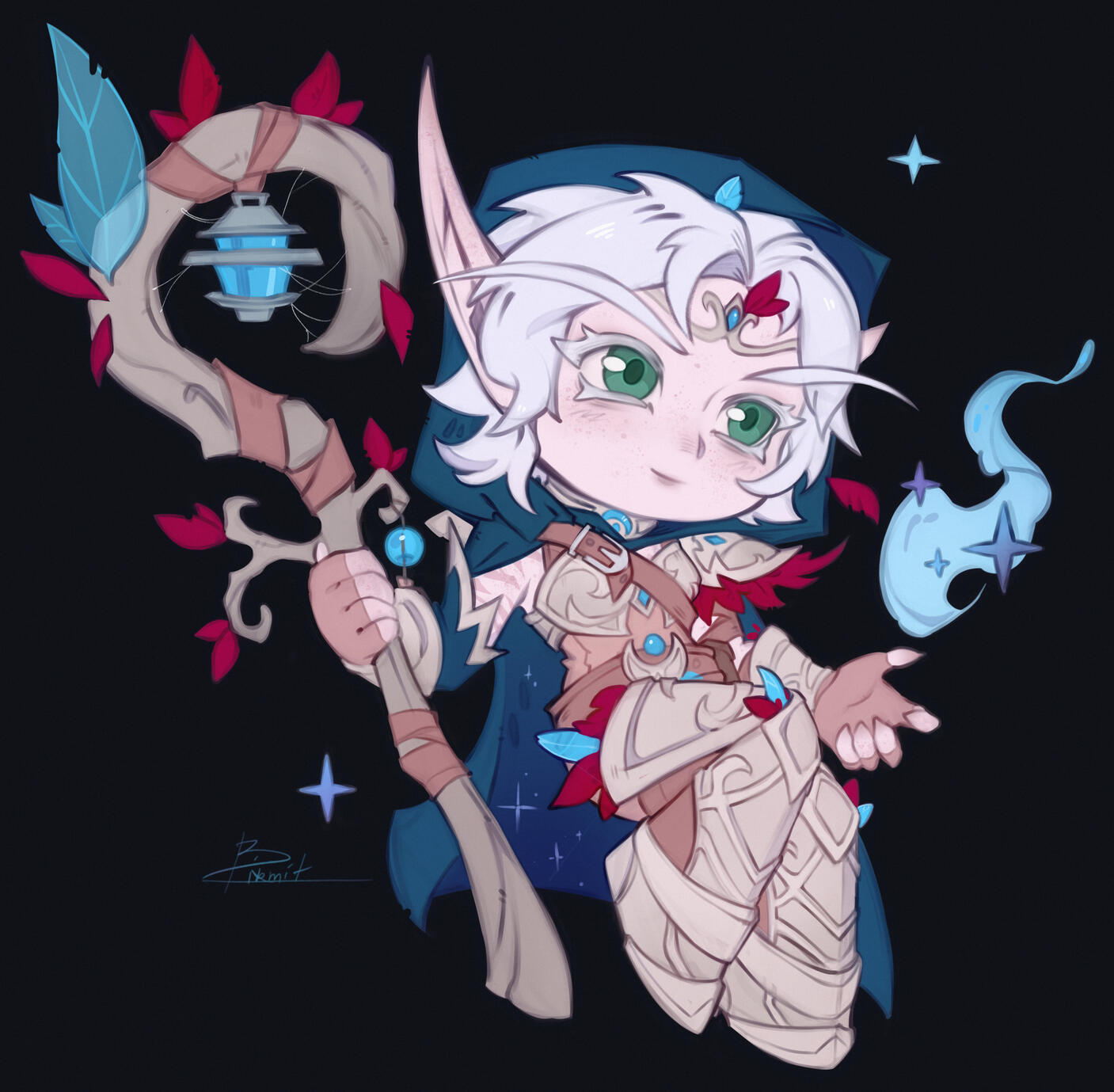 Chibi Erilihn in white wooden armor and brown leather, with red leaves and blue glowy accents. They have a dark peacock blue cape on and they are holding their lantern staff. They are casting a bit of blue druidic magic.