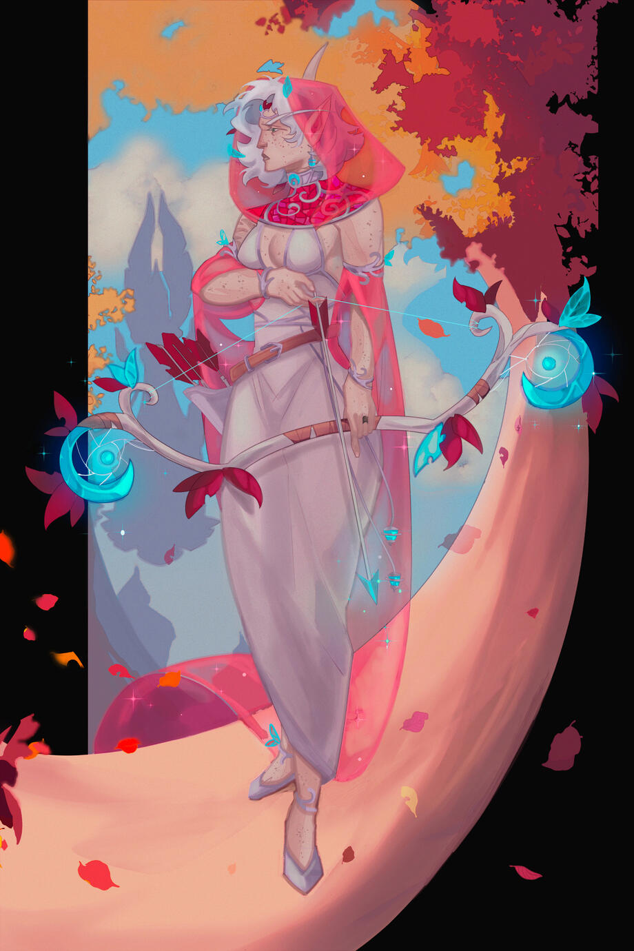 Erilihn stands on a pale bough in Eversong Woods, with the spires of Silvermoon in the distance and the golden-red leaves of the trees around her. She wears a white dress with pink accents, and a sheer pink hooded cape. She wields a bow and arrow.