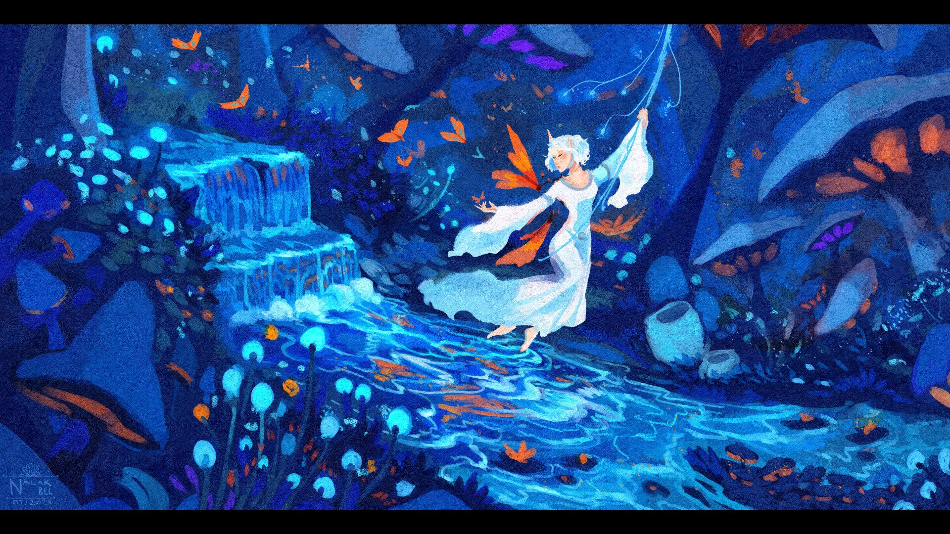 Erilihn swinging on a vine across a bioluminescent stream in Zangarmarsh, with its blue-orange mushrooms in the background. She is wearing a white dress, and there are orange moth-like creatures gravitating toward her.
