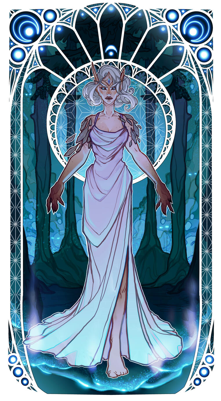 Erilihn stands in a dark forest with many pairs of glowing eyes peering out from the background. She is mid-transformation, with clawed fingers, feathers arms, and glowing blue eyes. Her attire is a simple white dress. There is an art nouveau style frame.