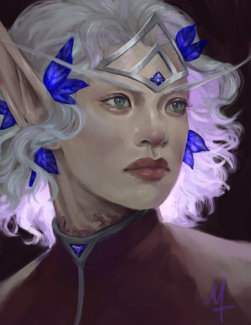 Erilihn portrait shot, with blue leaves in hair and closeup of features.