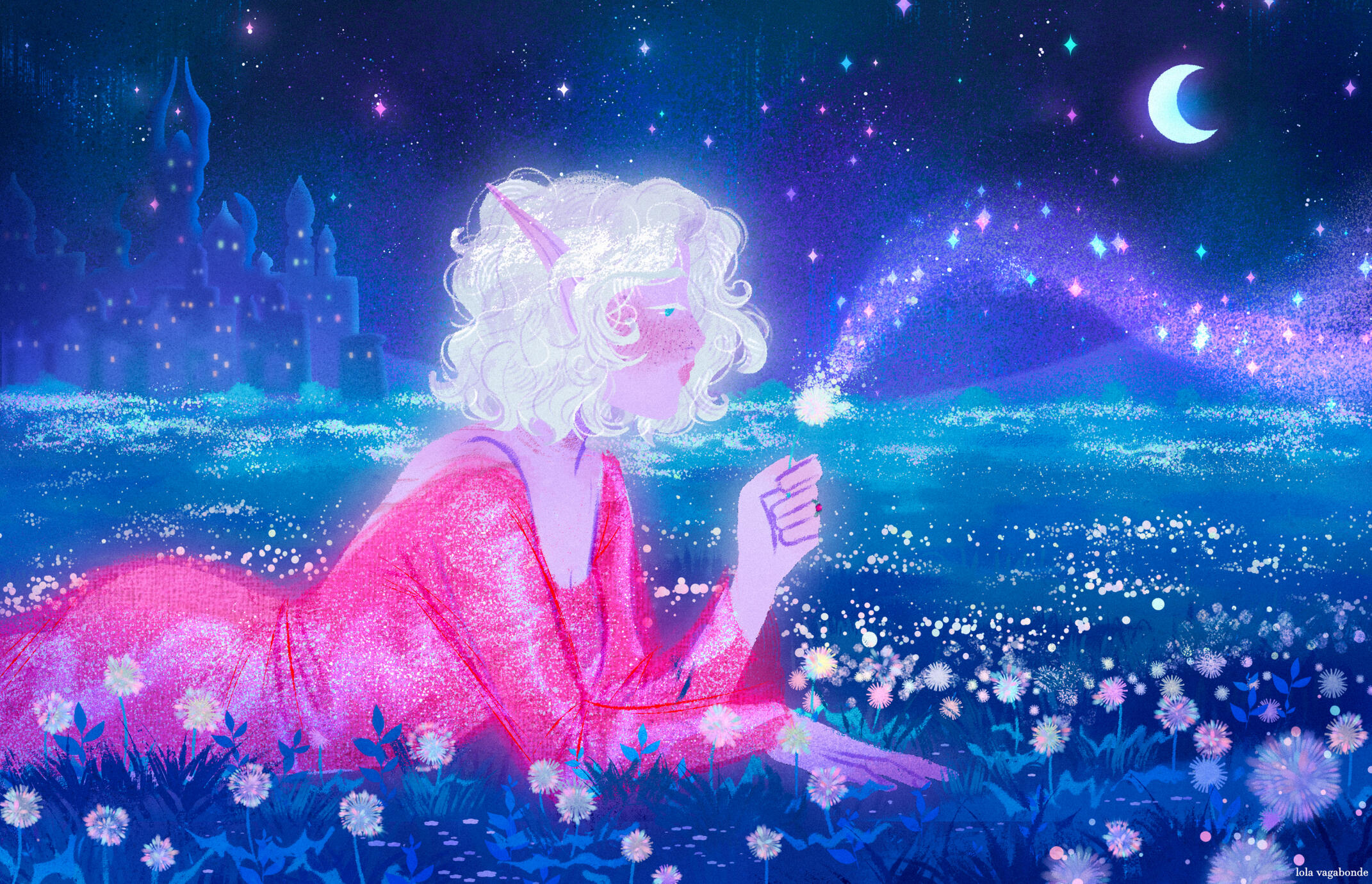 Erilihn in a bright pinkish-red dress laying on her front in a field of dandelions at night. She is blowing on a dandelion to make a wish. The silhouettes of Silvermoon City can be seen in the background.