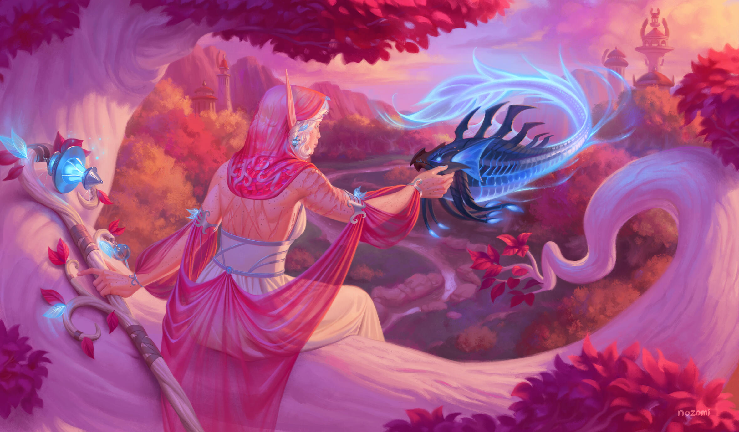 Erilihn sitting on a bough overlooking Eversong Woods. She is dressed in pink and white and blue, and she is reaching up to pet a blue mana wyrm floating next to her. Sunset casts a warm glow over the scene.