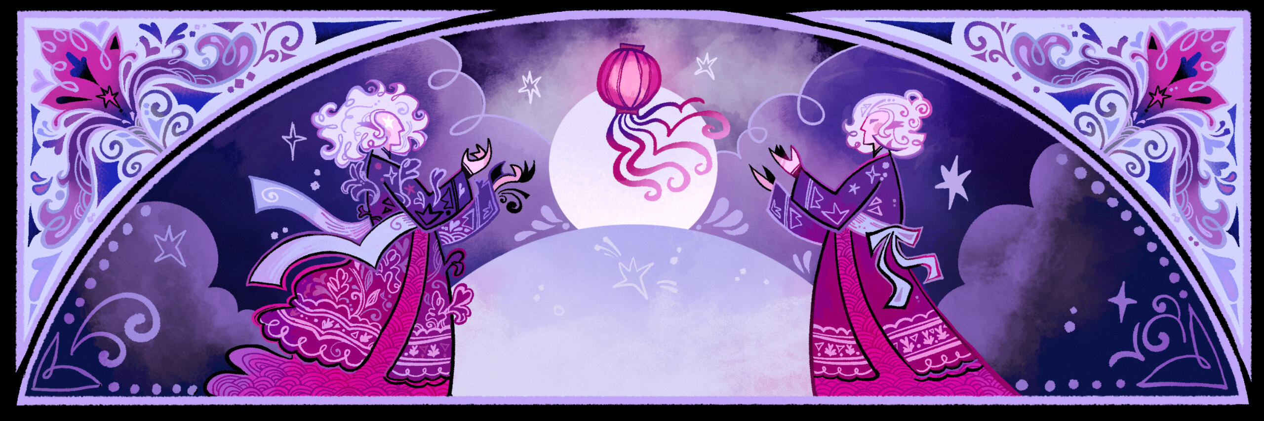 Stylized art of two Erilihns facing each other and a pinkish-red Lunar Festival lantern floating between them. They are wearing indigo-fuschia hanbok and they mirror one another, but one looks wild and untamed, and the other looks trim and calm.