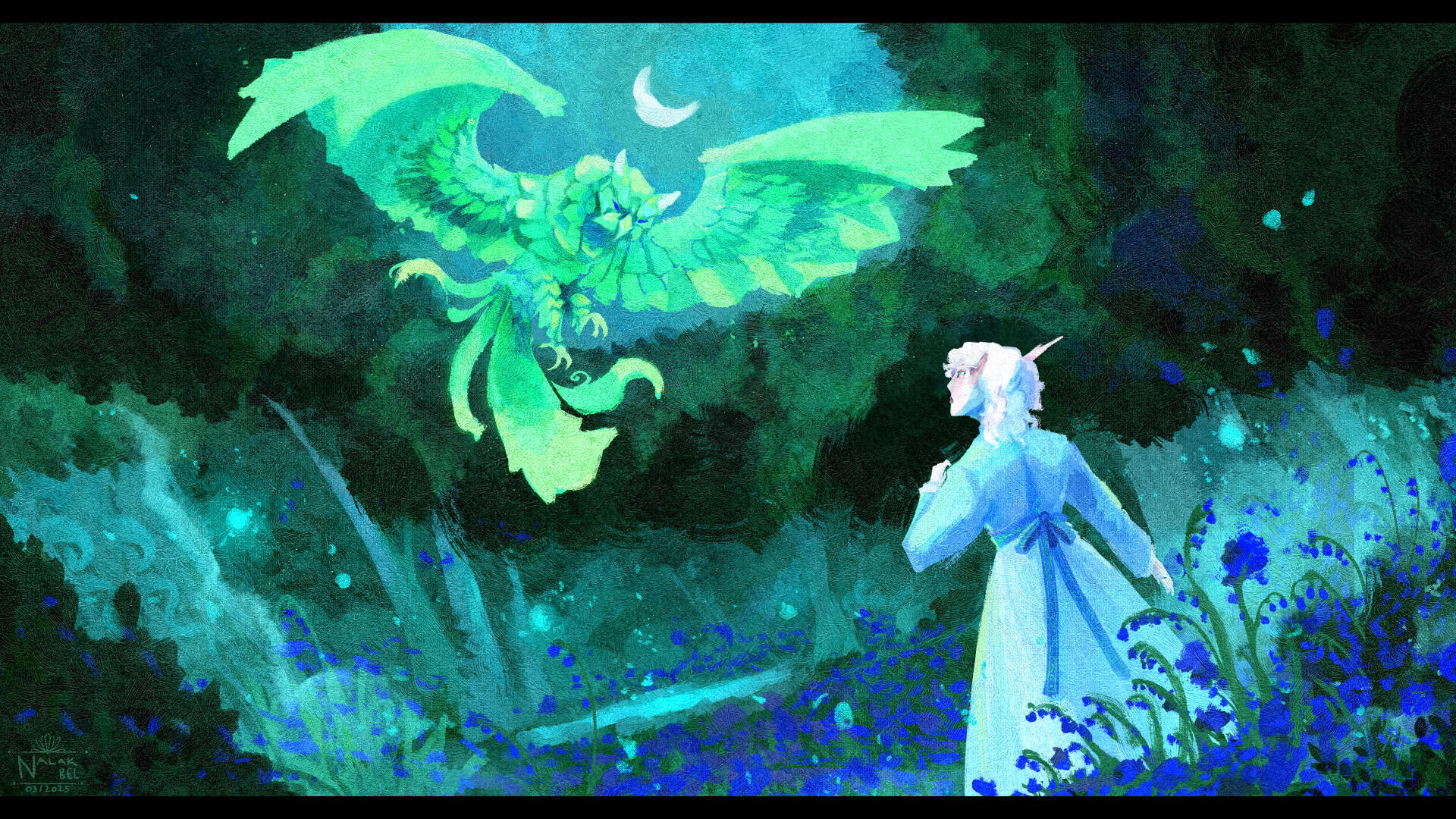 Erilihn in light blue hanbok, communing with a green glowing owl spirit. The setting is Moonglade, a dark green forest with blue wildflowers.