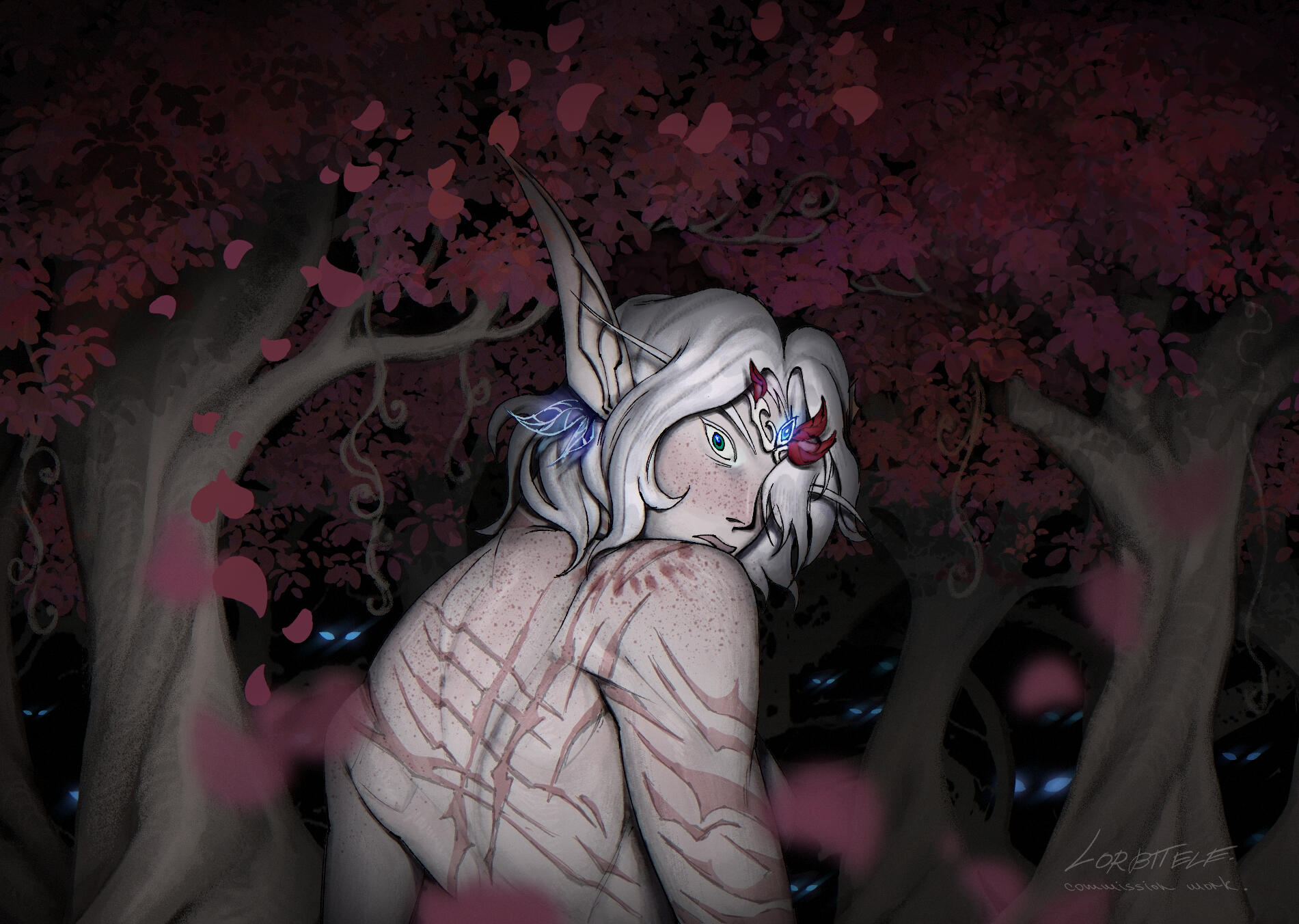 Erilihn in the woods at night. She is looking over her shoulder at the viewer with an animalistic look in her eye. She is shirtless and her scars are on full display. There are blue eyes in the woods. She looks to be caught in a camera flash.