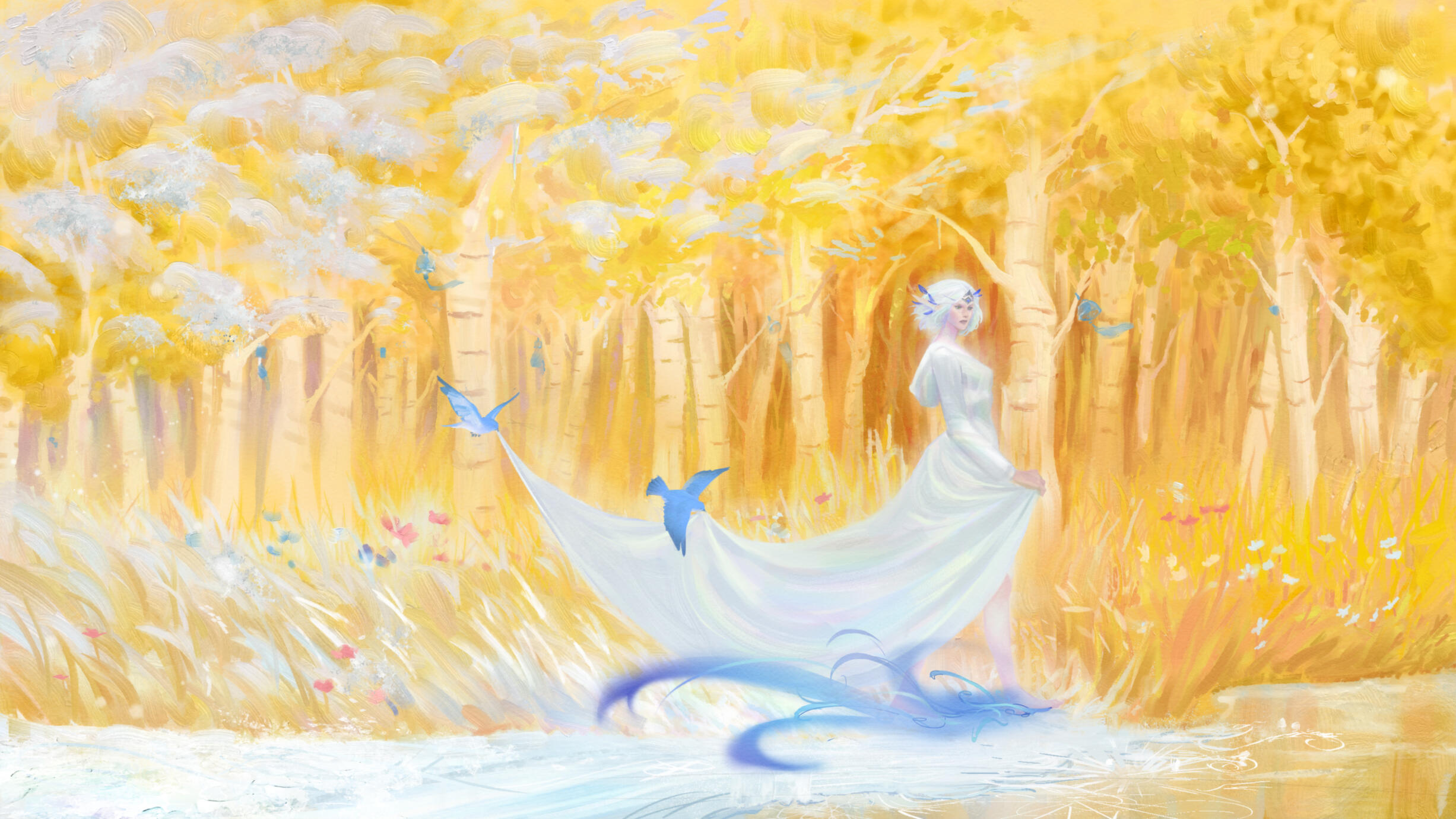 Erilihn wakling through a yellow birch wood in Eversong, using Ardenweald magic to bring about a change in seasons for the plants on her property. She is wearing white, and there are bluebirds lifting the long train of her dress.