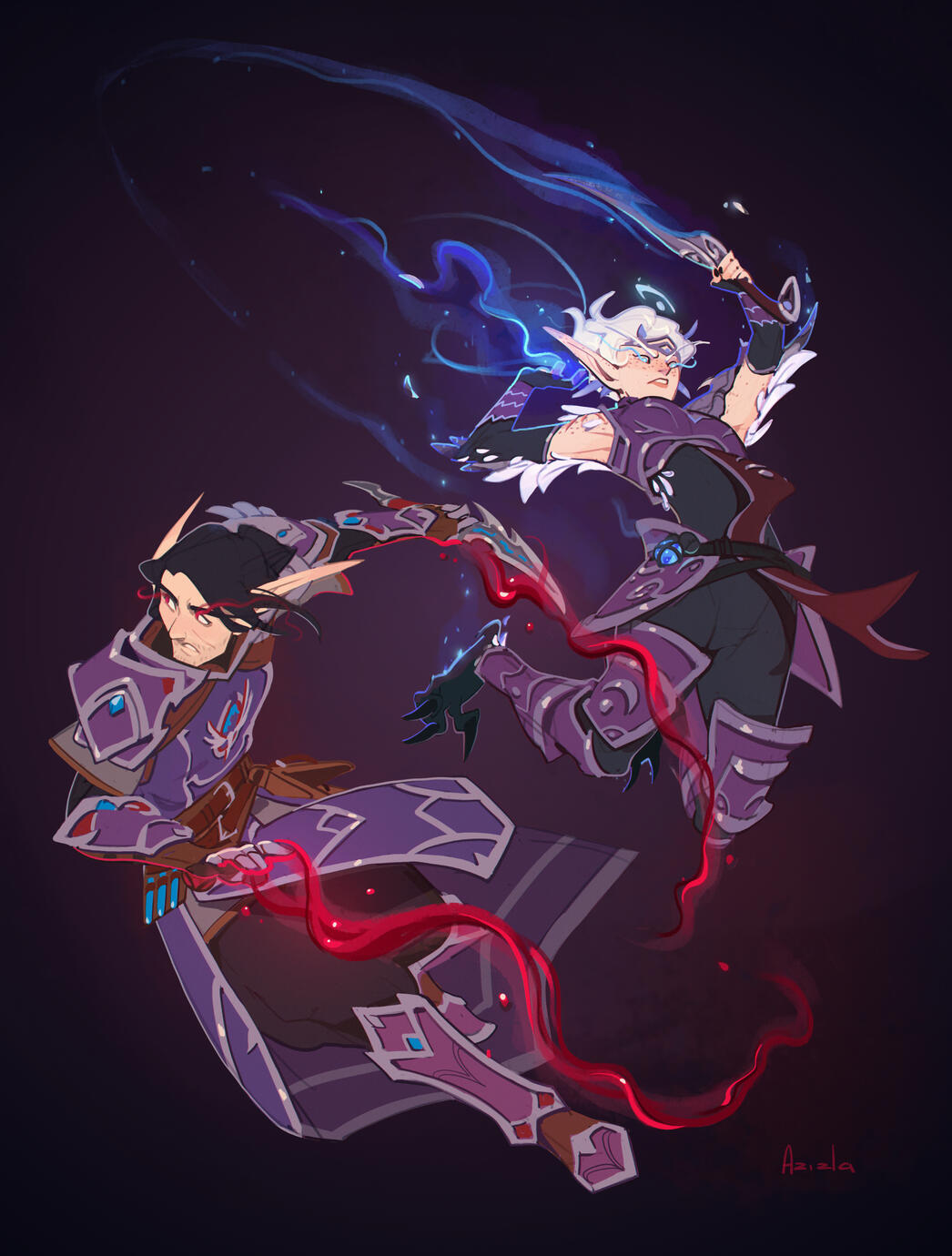 Erilihn and Avenue in purple-silver armor in an action shot, with Avenue wielding blood magic and a dagger, and Erilihn wielding Ardenweald druidic magic and a sword. She is mid-transformation coming out of bird form, with clawed feet and feathery arms.