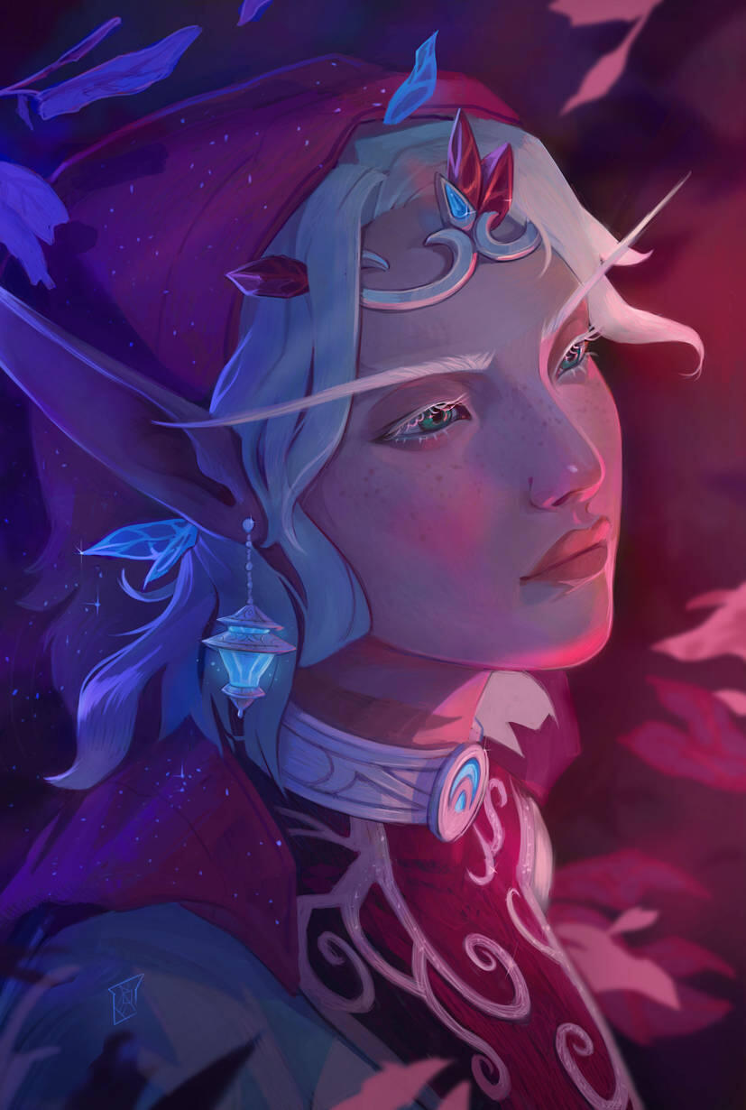 Portrait of Erilihn in red-pink-white clothing with blue accessories. She is in a forest background with red-pink leaves. The lighting is such that she is watching a pink sunrise, while her back is still covered in blue-tinted night time shadows.
