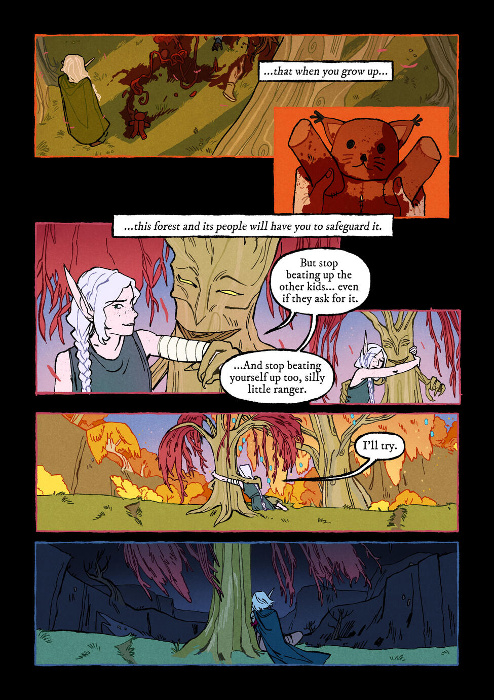 Page 3 of a comic that shows Erilihn's relationship with a her treant pseudo-father Sunwillow, and her sins of abandoning civilians during the Fall to save her parents, who were already dead. The civilians died as a result, and Erilihn carries the guilt wi