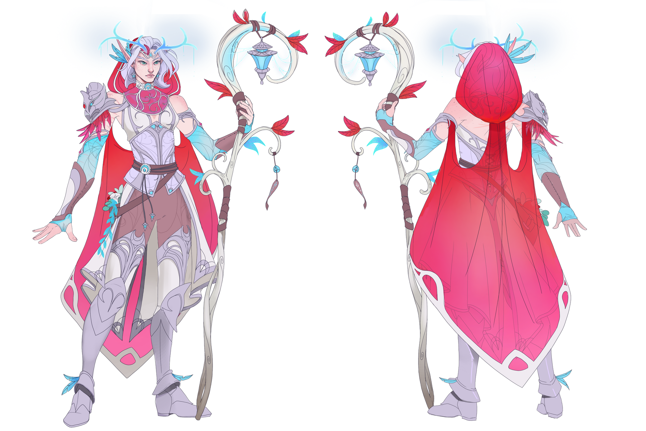 Erilihn in a druidic outfit that is primarily white, reddish-pink, silver, brown, and bright blue. It is an armored outfit, with a mixture of leather, cloth, and plate.