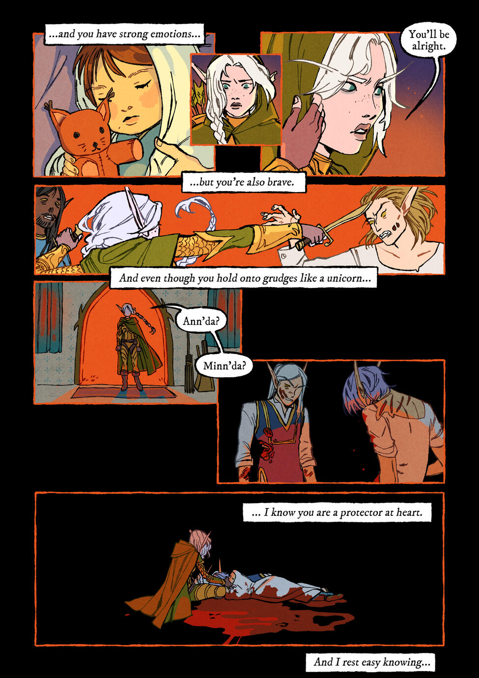 Page 2 of a comic that shows Erilihn's relationship with a her treant pseudo-father Sunwillow, and her sins of abandoning civilians during the Fall to save her parents, who were already dead. The civilians died as a result, and Erilihn carries the guilt wi
