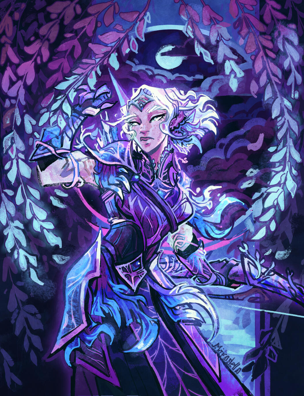 Erilihn is dressed in blue-purple armor and she pushes through a curtain of blue willow branches in the moonlight.