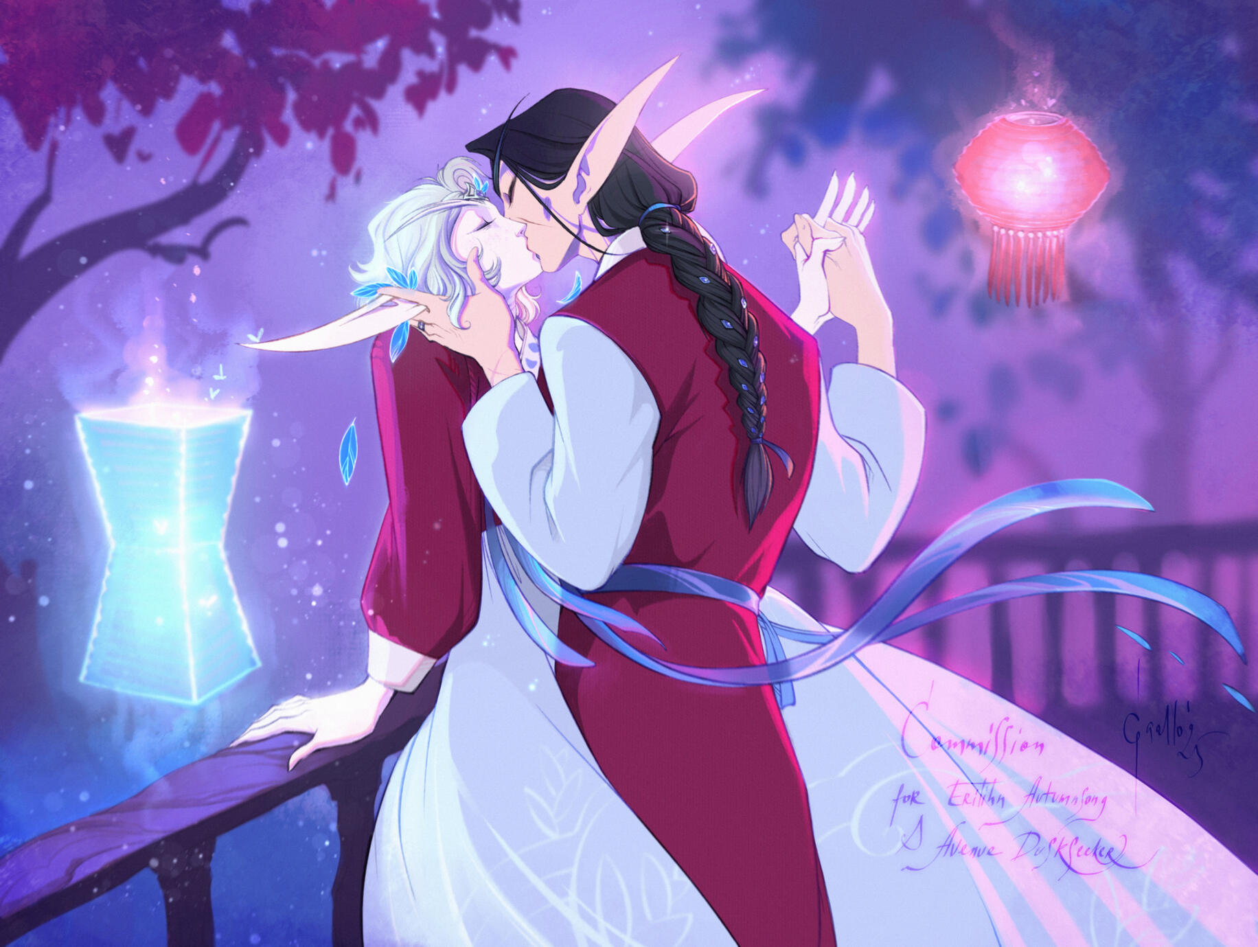 Erilihn and Avenue in traditional maroon-silver-blue hanbok for the Lunar Festival. They are locked in a tender kiss, and festival lanterns float around them.