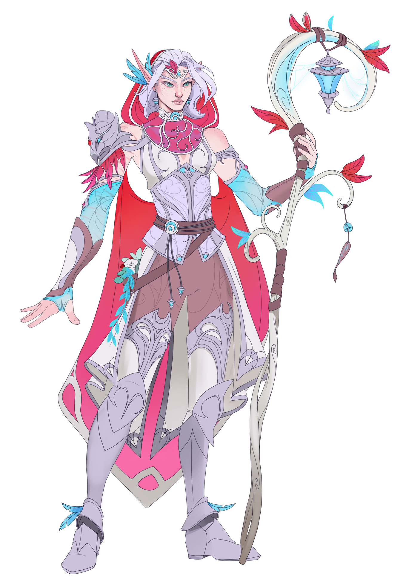 https://bsky.app/profile/laurenwalshart.bsky.social Erilihn in a druidic outfit that is primarily white, reddish-pink, silver, brown, and bright blue. It is an armored outfit, with a mixture of leather, cloth, and plate.