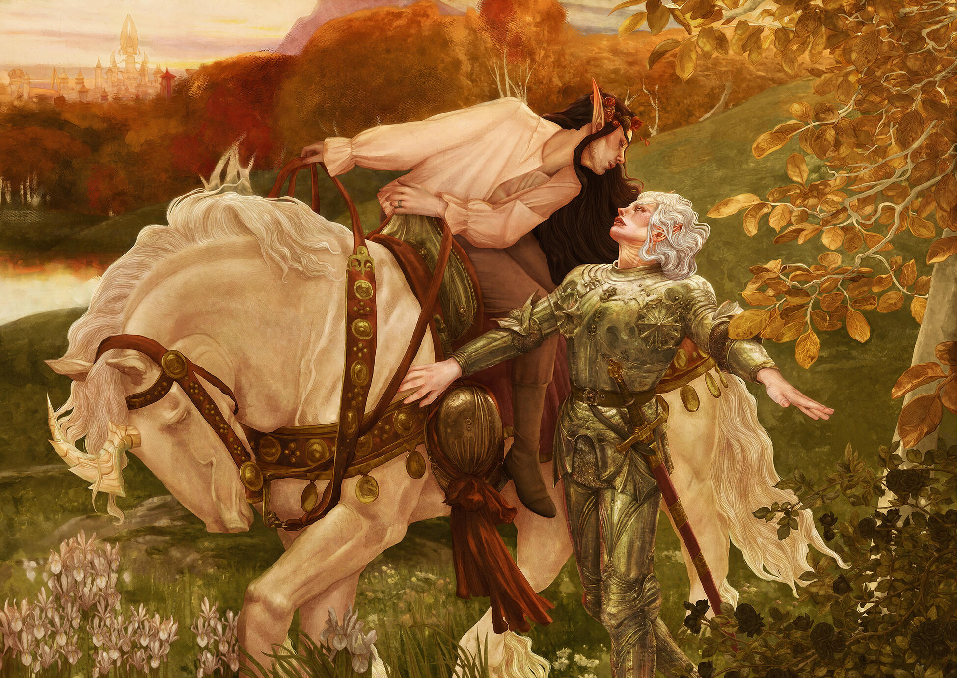 Erilihn and Avenue in a Thalassian redraw of La Belle Dame sans Merci by Frank Dicksee. Erilihn is the knight in armor, and Avenue is the belle dame leaning from his unicorn to charm her. The setting is Eversong Woods, with Silvermoon in the distance.
