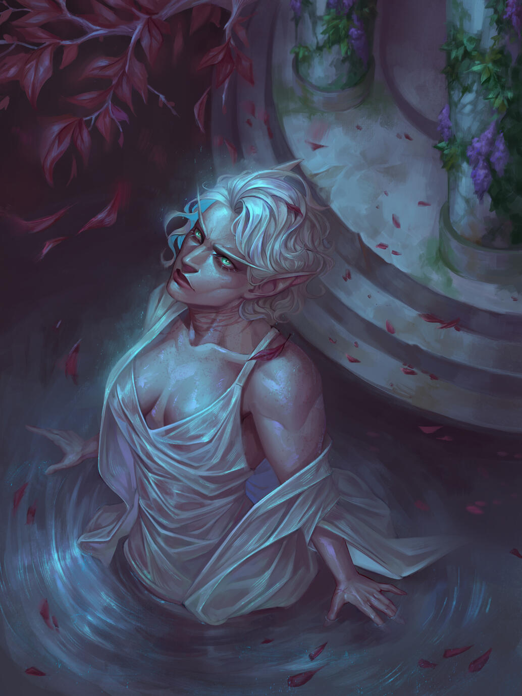 Erilihn in a pond by a white stone gazebo at night, looking up at the moon. She is wearing a sheer white nightgown.