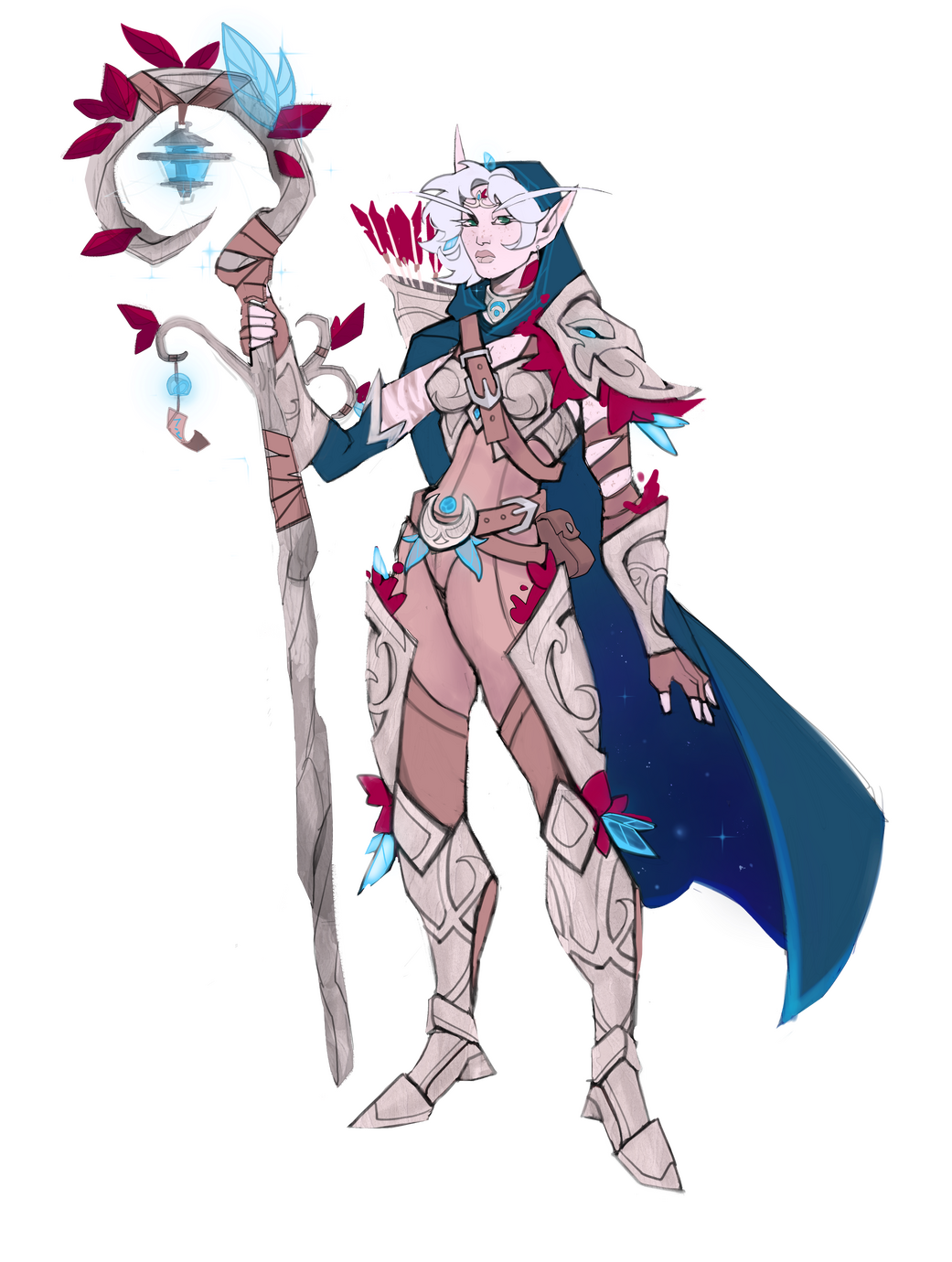 Erilihn (a blood elf woman with medium length white hair, green eyes, and pale freckled skin) in a off-white wooden Farstrider armor with red and blue leaves and a peacock blue-green cape. She holds a matching wooden staff with a blue lantern in the crook.