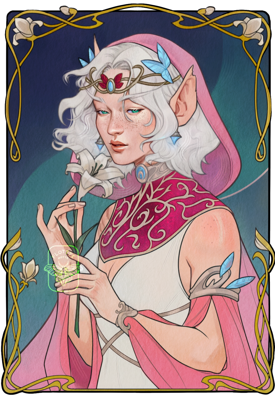 Erilihn holding a lily flower, looking at the viewer. They are dressed in white and pink and blue. There is a gold art nouveau frame around the piece.