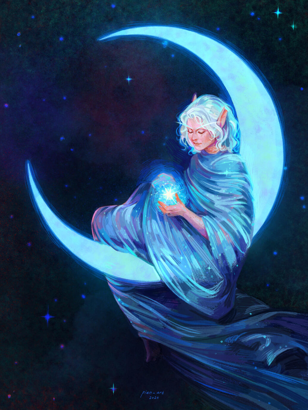 Erilihn wrapped in shiny translucent blue fabric, sitting on a blue crescent moon. She is holding a star in her hands.