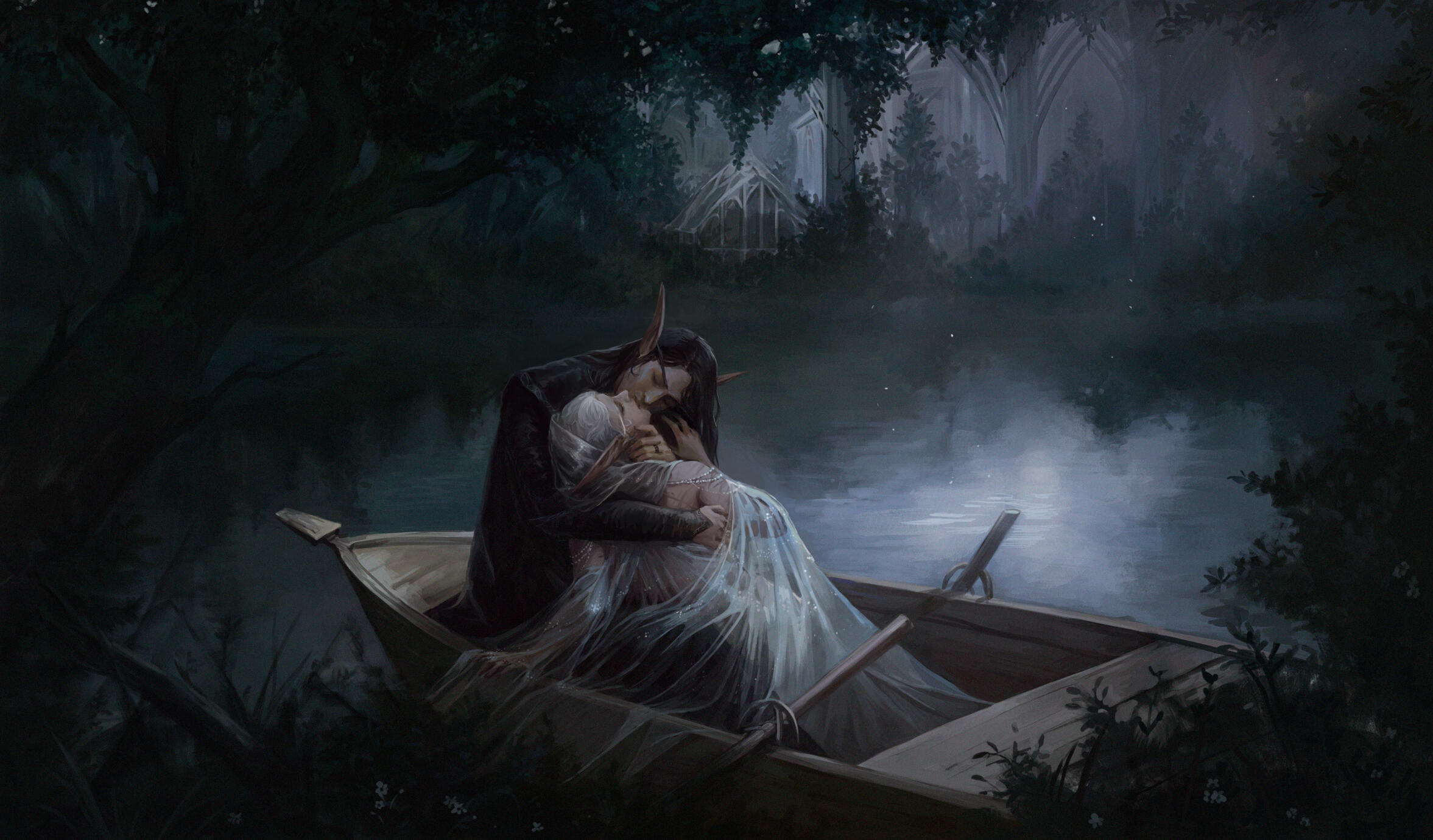 Erilihn and husband Avenue Duskseeker embracing in a small rowboat on a moonlit lake at night. They are dressed in fancy ballroom clothes, and there is an elven building on the far shore.