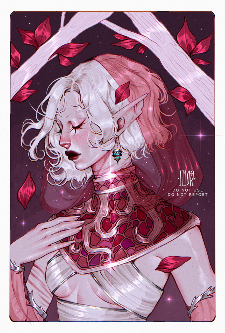 Erilihn in a red and white outfit with a mosaic gorget and a translucent red hood.