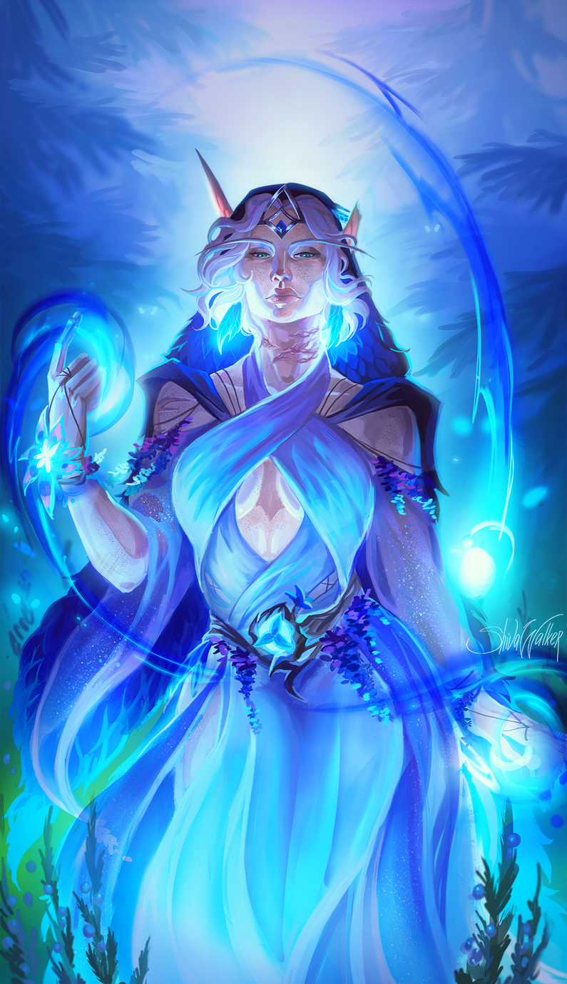 Erilihn in white and blue druidic attire, wielding blue druidic magic and looking directly at the viewer. Background is a misty pine forest.
