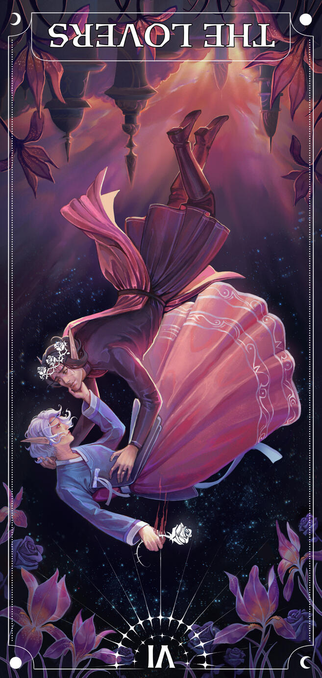 Erilihn and Avenue in formal reddish-blue attire in a tarot card labeled "The Lovers." The card is flipped upside down, and the pair are falling into the sky, away from the upside-down spires of Silvermoon at the top of the image.