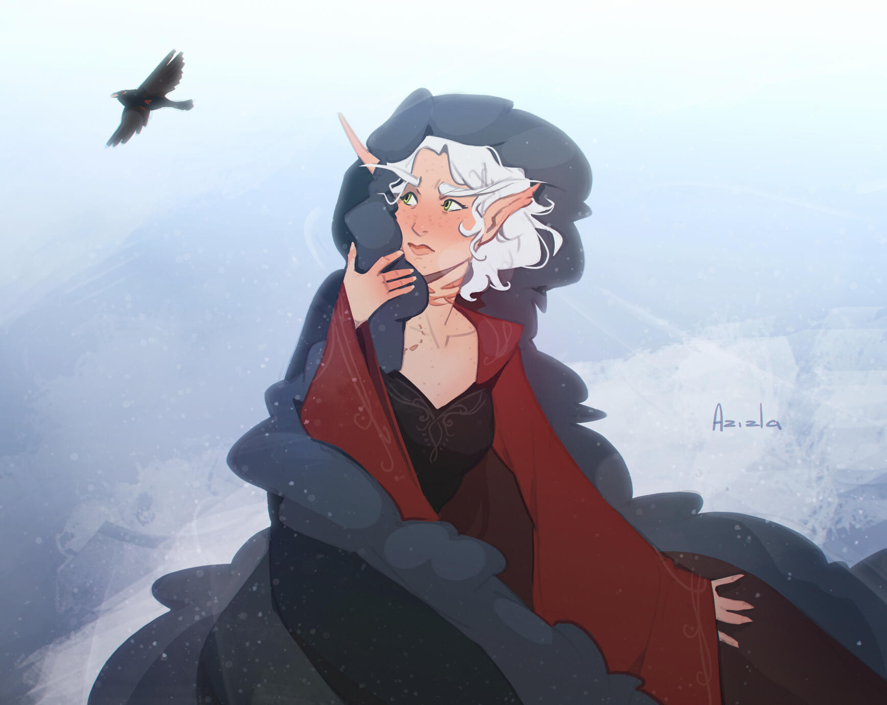 Erilihn looks over her shoulder in a wintery setting to see a blackbird flying overhead. She is wearing a red and black dress with a hooded black fur cloak. Her expression is one of concerned contemplation.