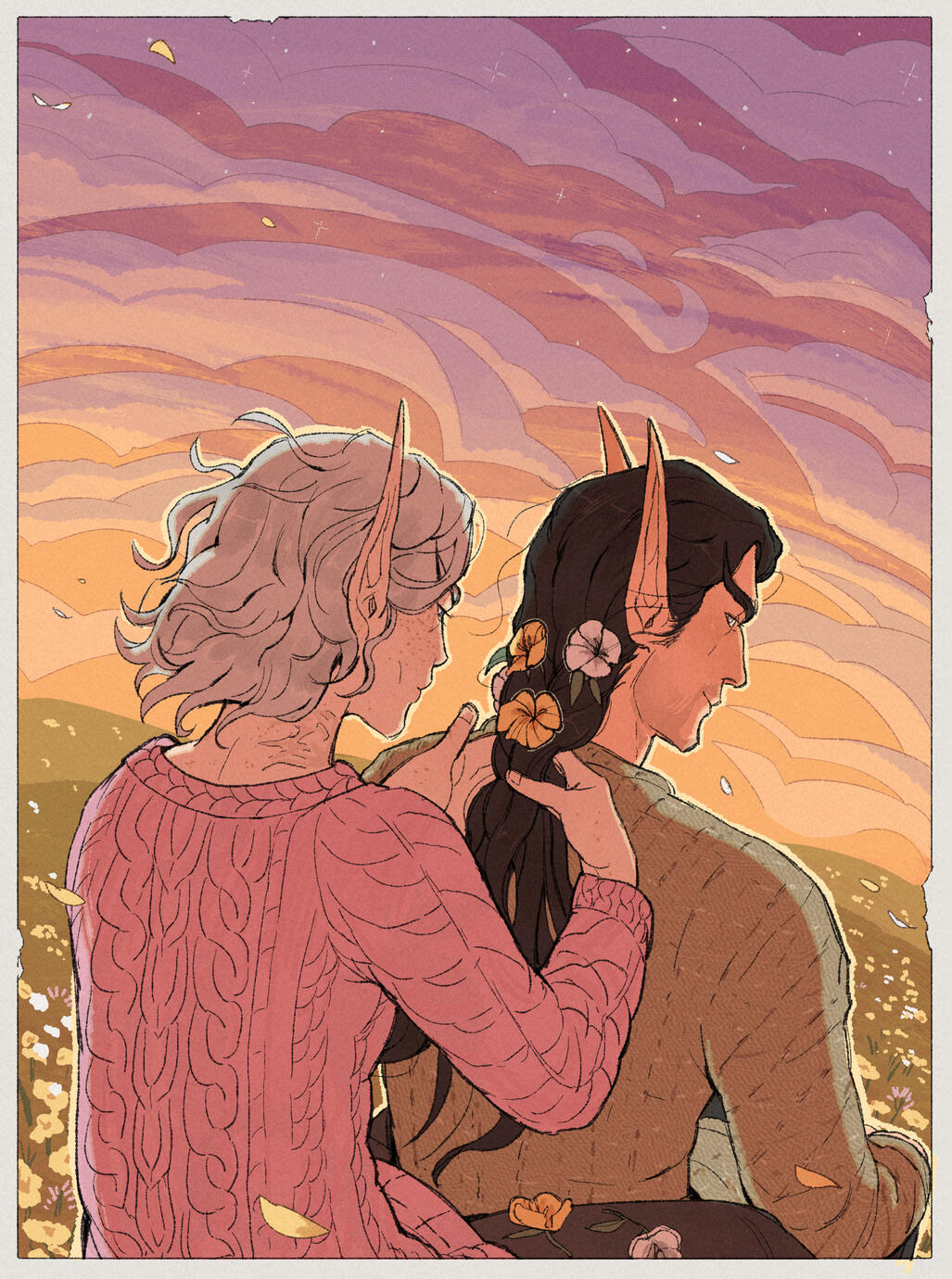 Erilihn and Avenue sitting in a field of wildflowers on the Isle of Dorn. They are wearing cozy knit sweaters, and Erilihn is braiding flowers into Avenue's hair.