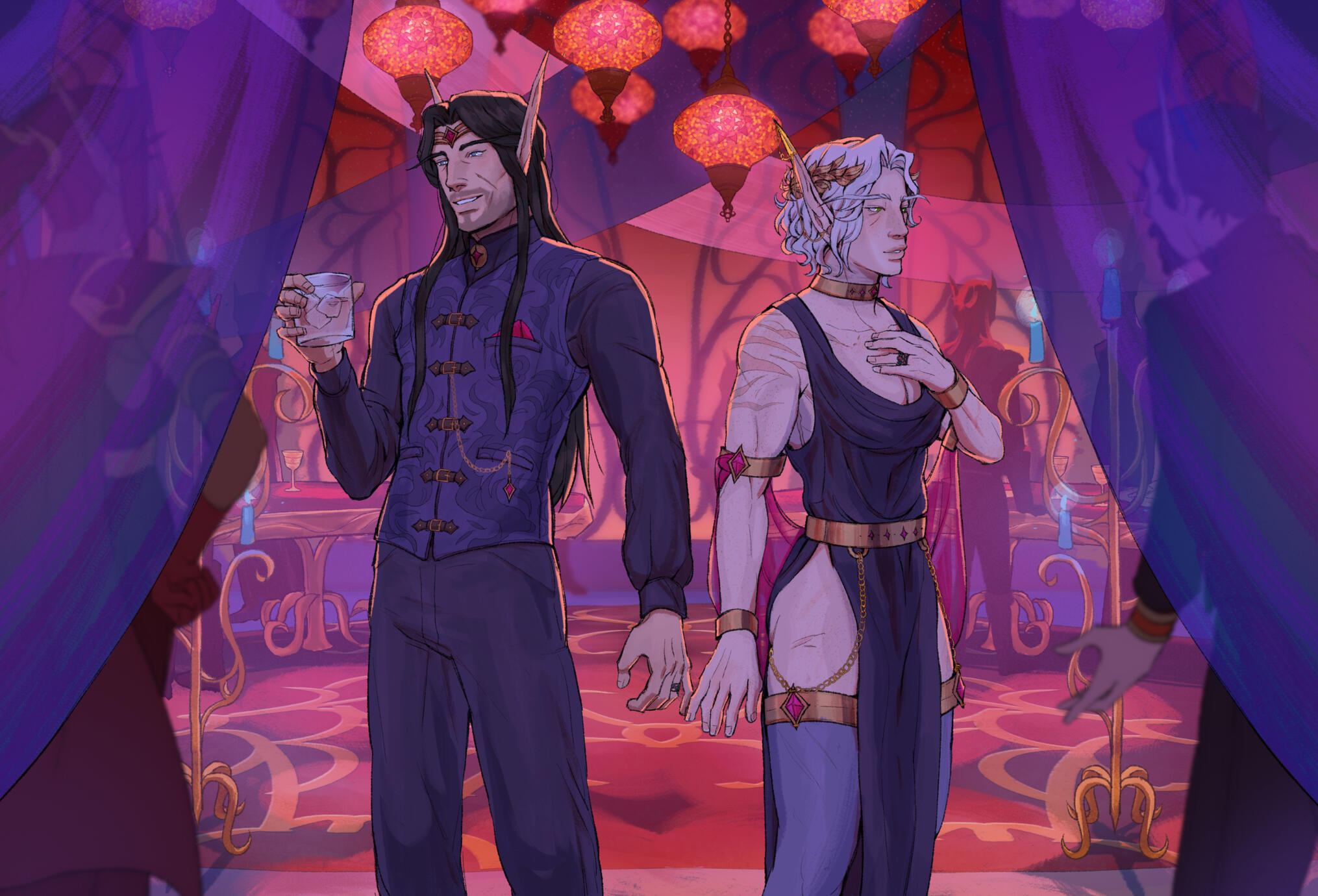 Erilihn and Avenue in fancy black and gold blood elven attire, attending a sin'dorei party with rich crimson and indigo decor. They are speaking to different individuals, but their pinkies are brushing.
