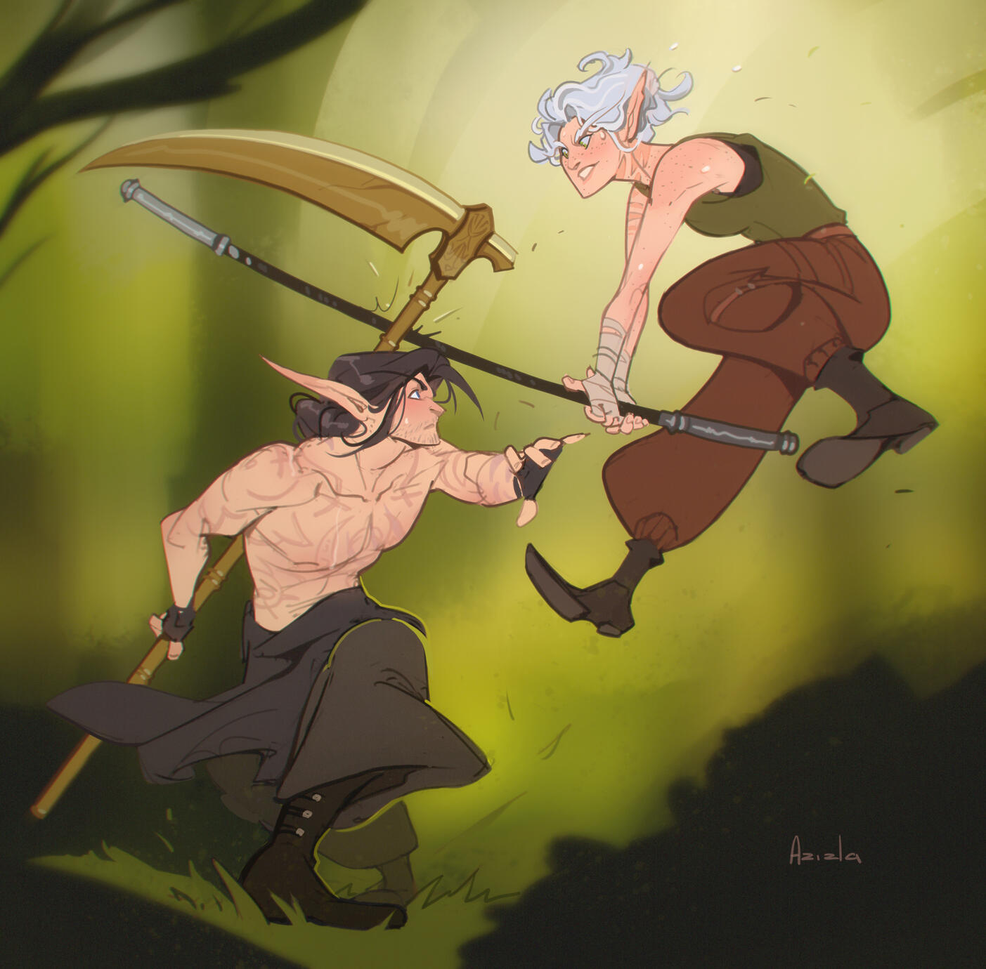 Erilihn and Avenue in simple training attire, practicing combat in a wooded area. Erilihn is leaping down to strike at Avenue with a bo staff, while Avenue deflects with a golden scythe.