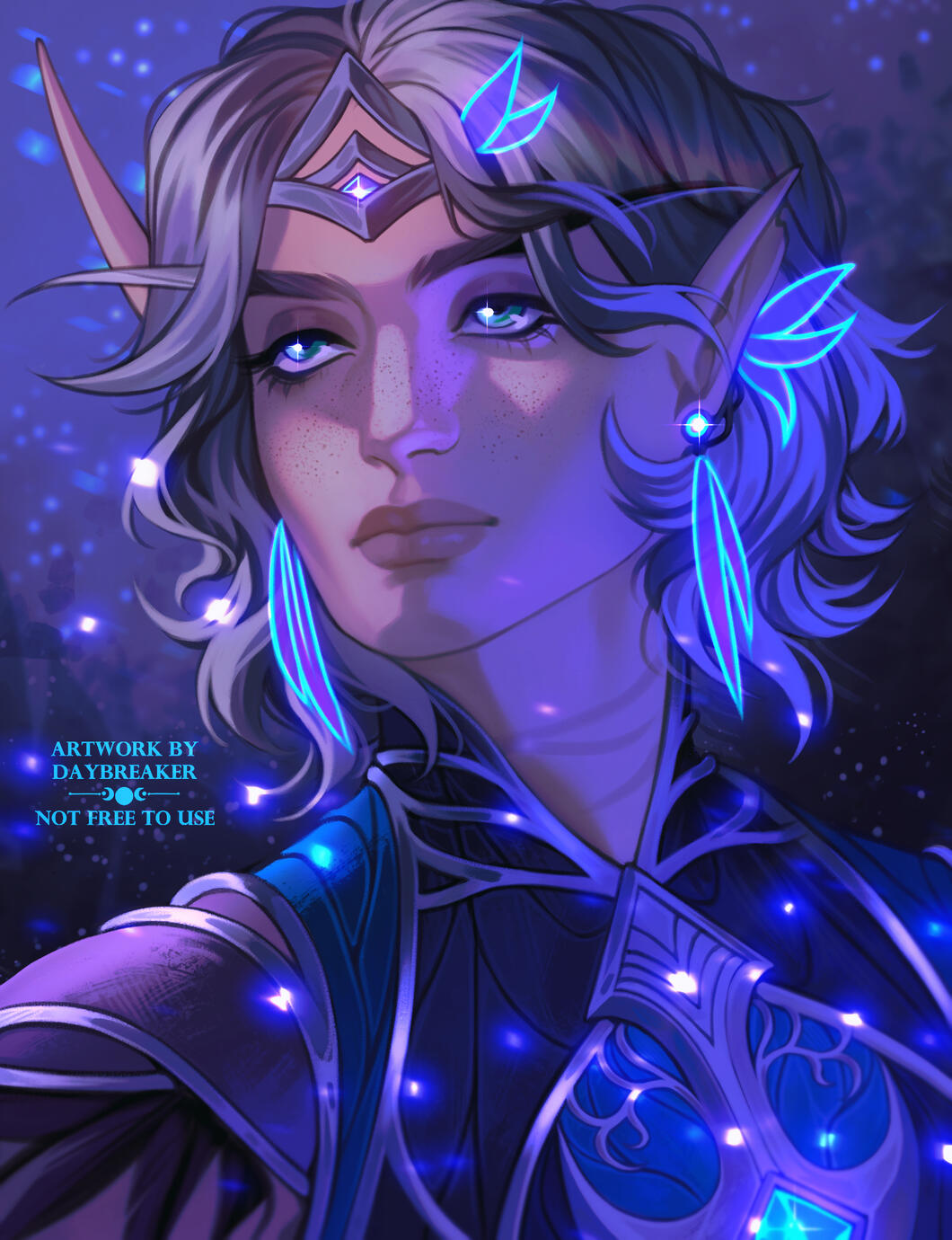 Portrait of Erilihn in blue-purple attire with blue leaves in hair. There are floaty blue magic sparkles all around, and the lighting is a dark bluish-purple.