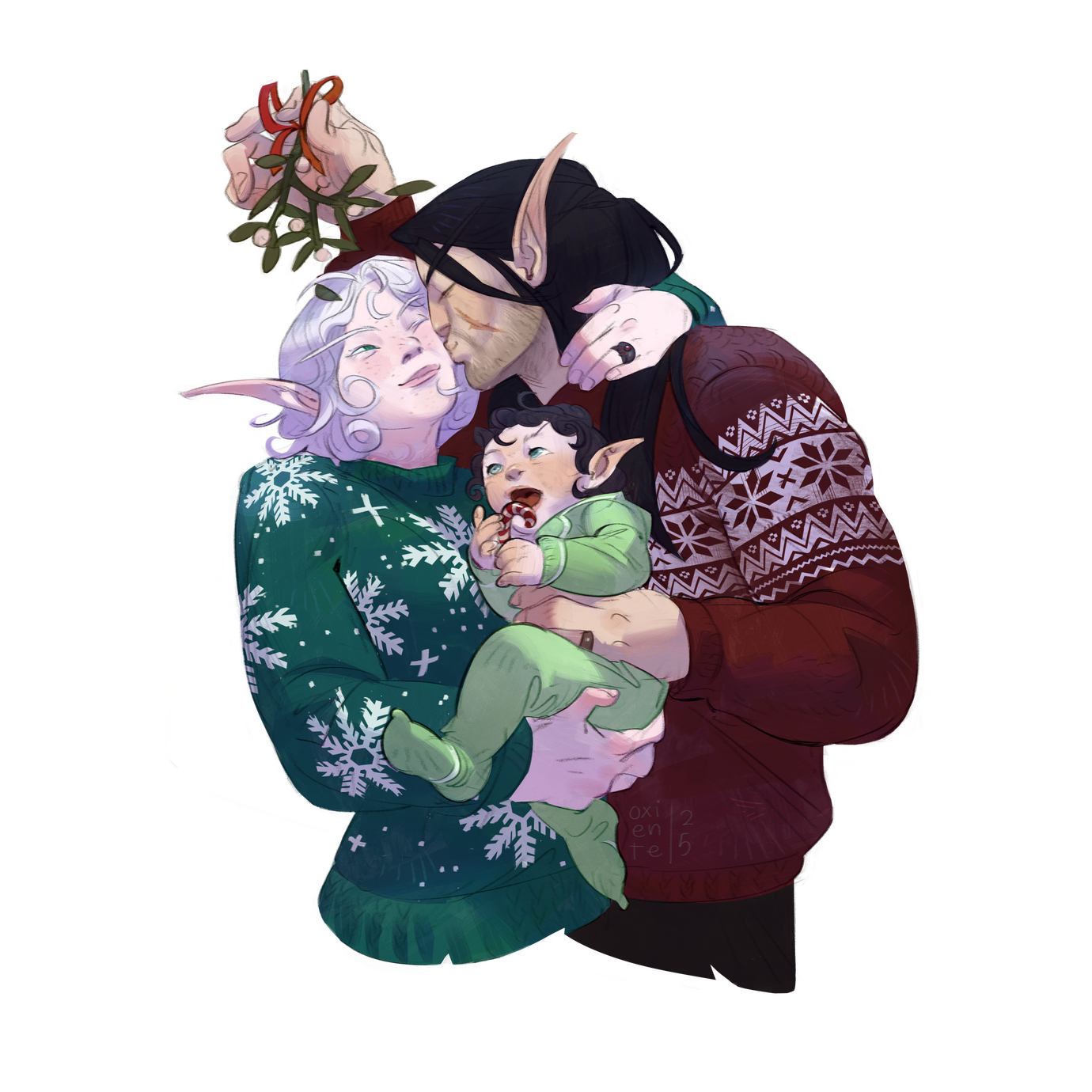 Erilihn and Avenue holding their daughter, Aethwen, while dressed in Winter Veil sweaters. Avenue is holding a sprig of mistletoe above Erilihn's head and kissing her on the cheek. She is smiling, while Aethwen sucks on a candy cane.