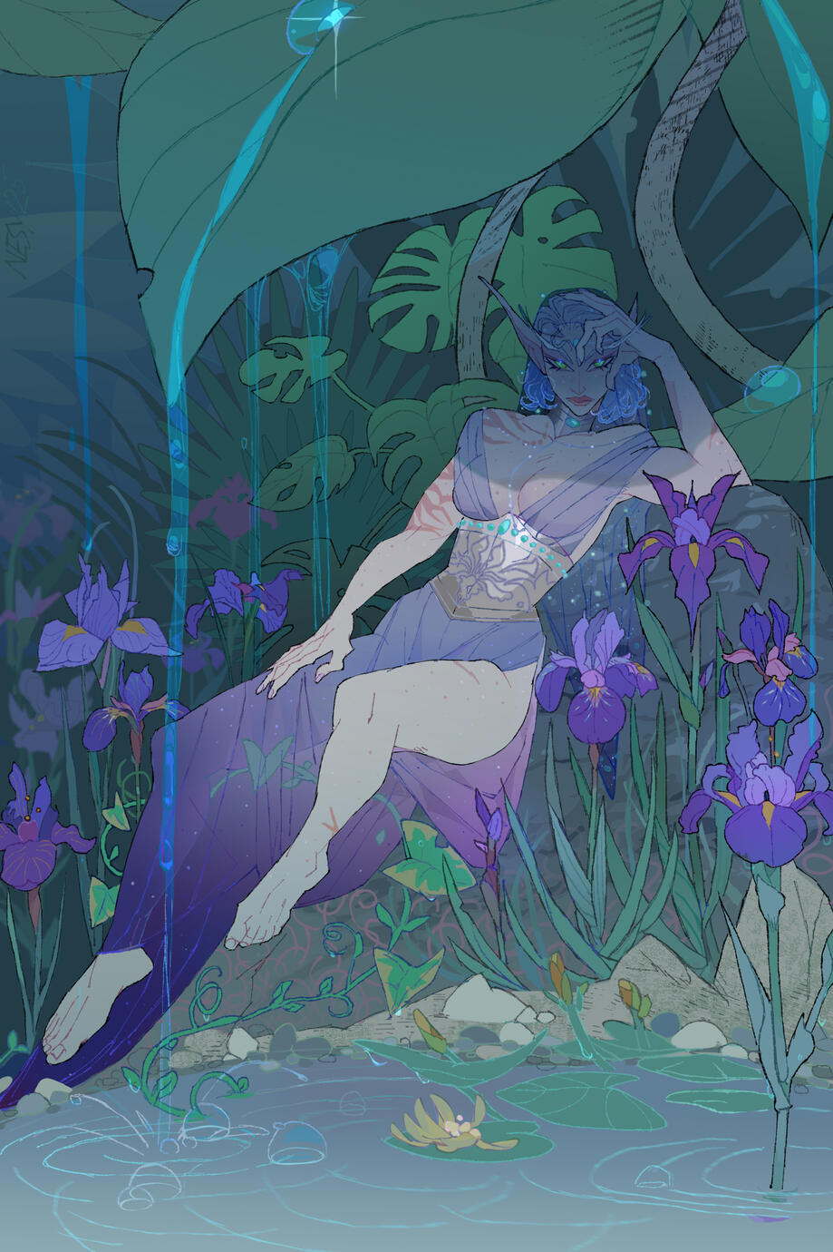 Erilihn lounging on a rock in a rainforest setting. There are irises and lilies in the pond at her feet, and water is dripping from giant monstera leaves overhead. She is wearing a sheer periwinkle-indigo dress with a matching veil and a silver corset.