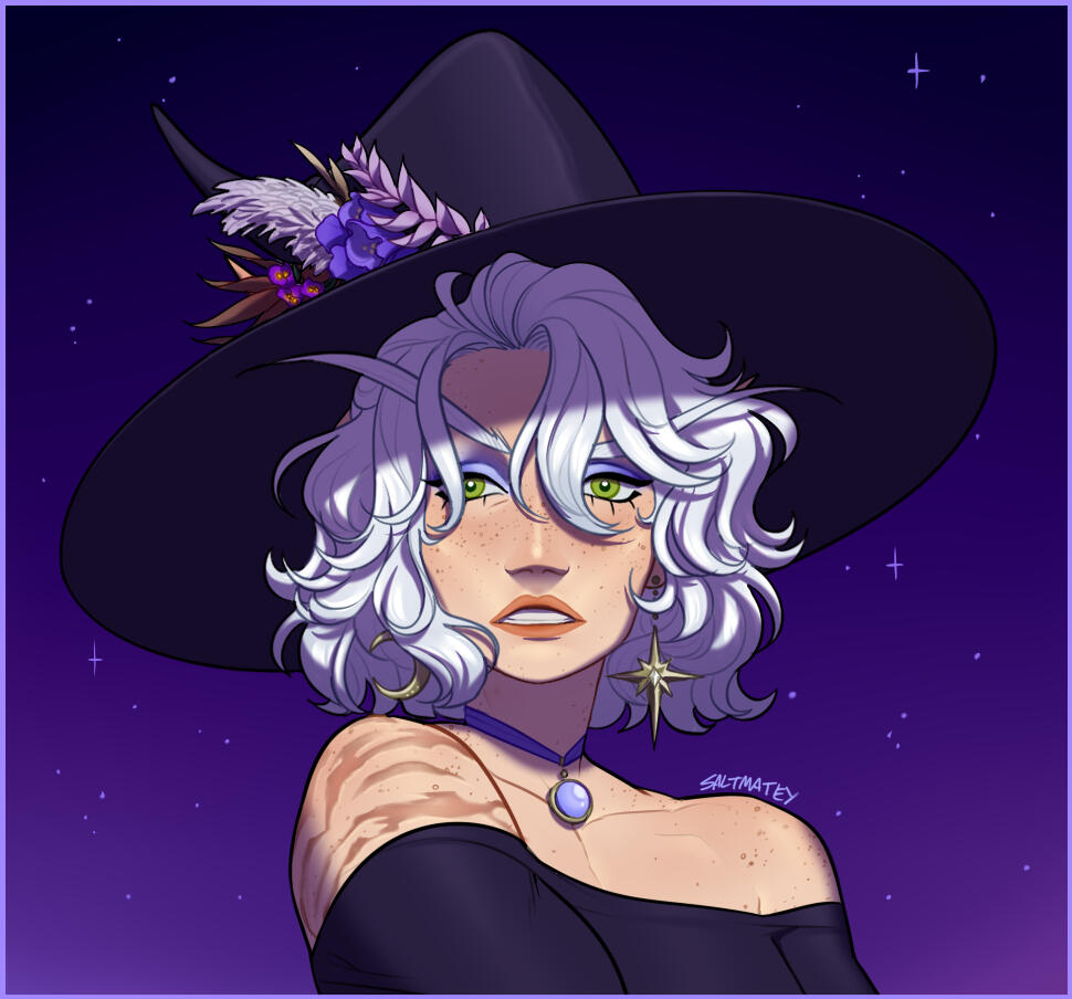 Erilihn in a Hallow's End-style black witch hat with purple flowers. She is wearing purple eye shadow and has moon-and-star earrings. The background is a starry sky.