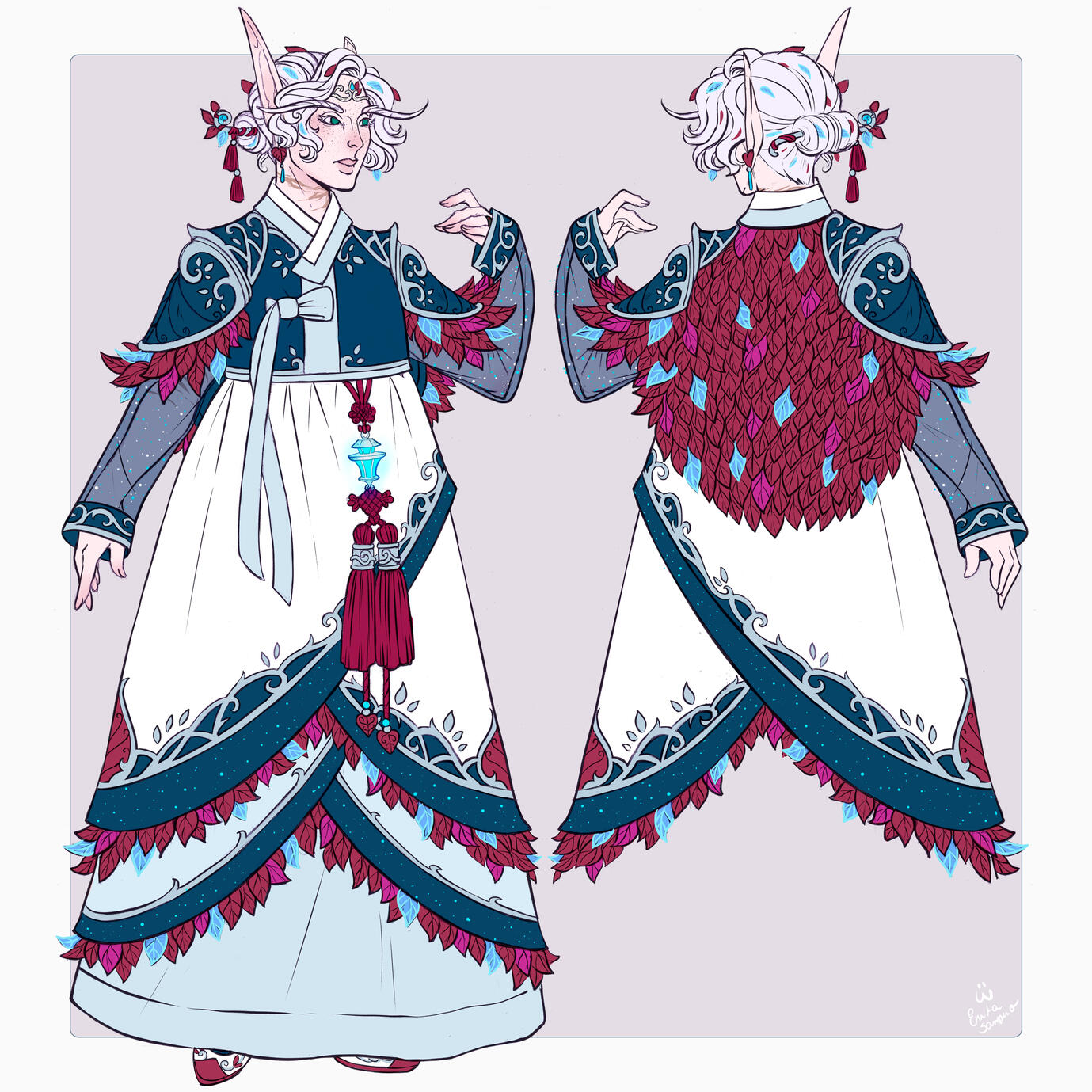 Outfit design of Erilihn in a traditional hanbok. The jeogori is peacock green, the chima is white with pale blue beneath, and the outfit is lined with burgundy and bright blue leaves. There is a small blue lantern attached to her burgundy norigae.