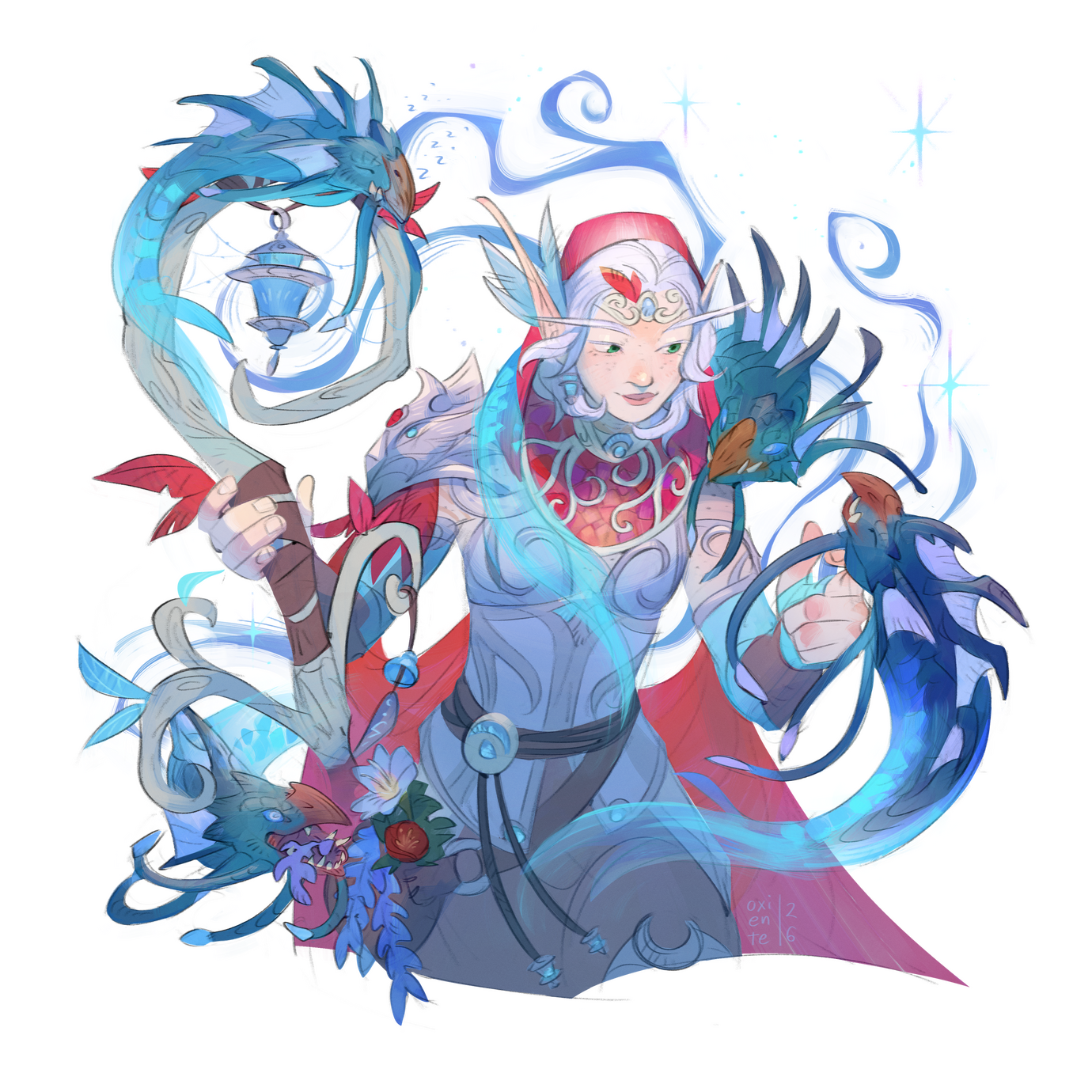 Erilihn in druidic attire surrounded by 4 mana wyrms. One is sleeping on her staff, another is curled around her neck, the third is receiving chin scritches, and the fourth is stealing silverleaf from her satchel.