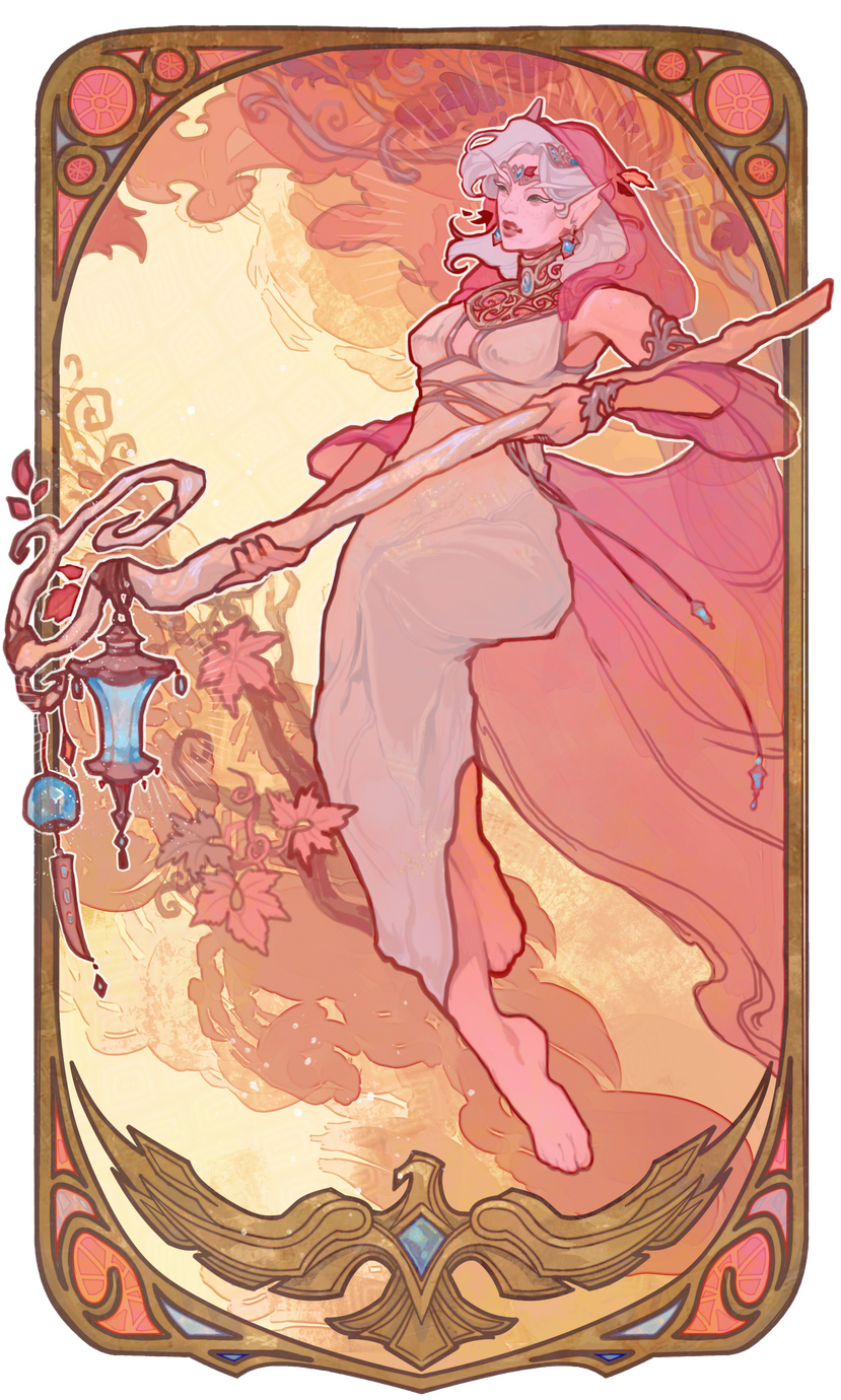 Erilihn in an abstract art nouveau piece, wearing a cream colored robe with pinkish-red and blue accessories. She holds a white wooden staff. The background evokes Eversong Woods in the golden hour.