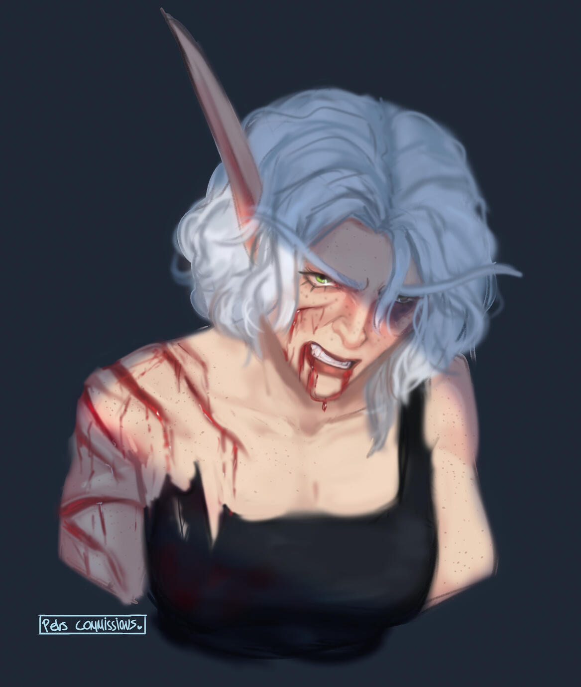 Erilihn looking disheveled, with a black eye and a mauled shoulder/bicep, blood dripping down her face. She is glaring angrily upward at someone or something off screen.