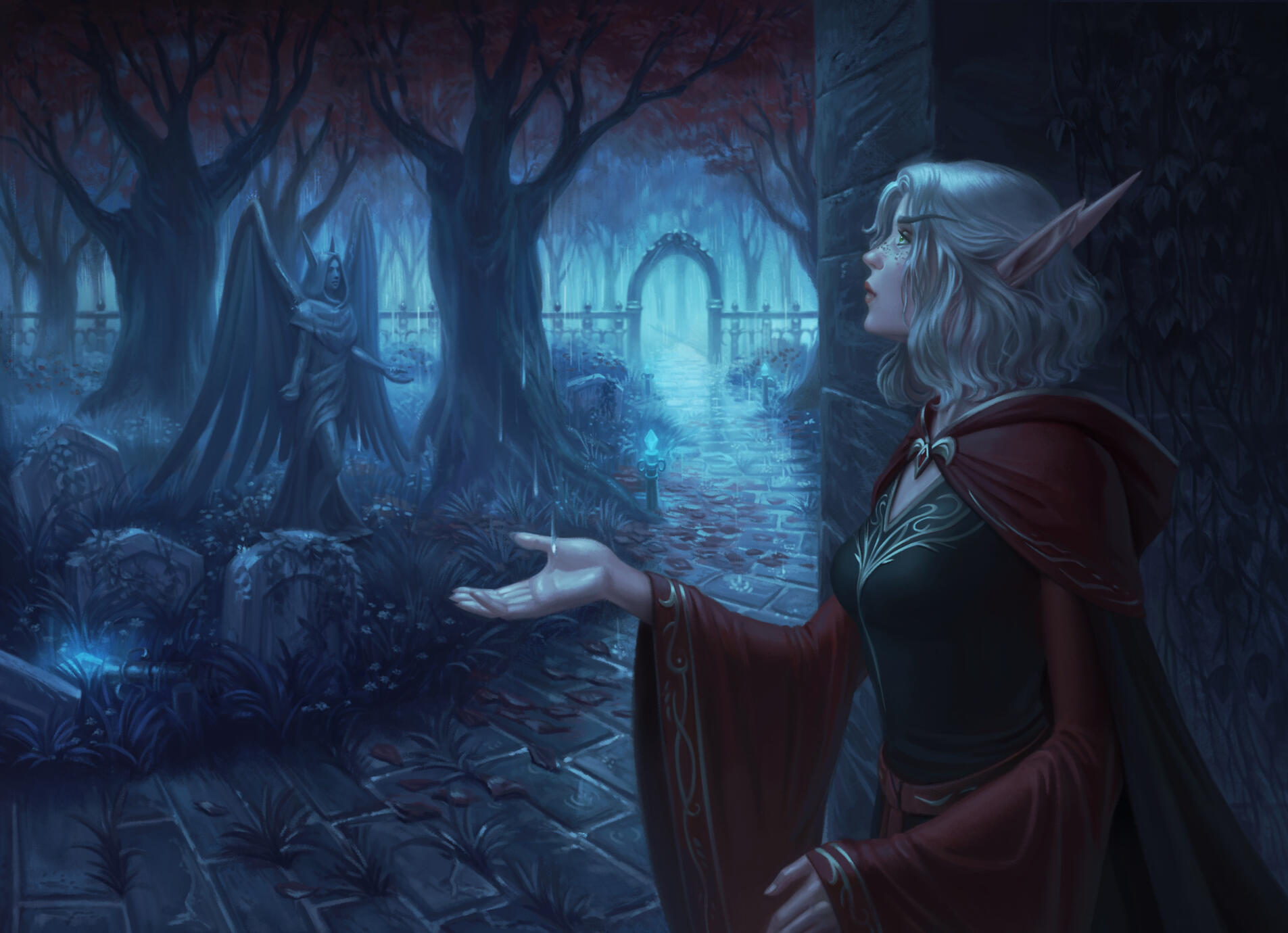 Erilihn in a gloomy old graveyard. It is raining, and she is holding her hand out to feel the rain drops. She is wearing a black V-neck dress with draping red sleeves and a red cape.