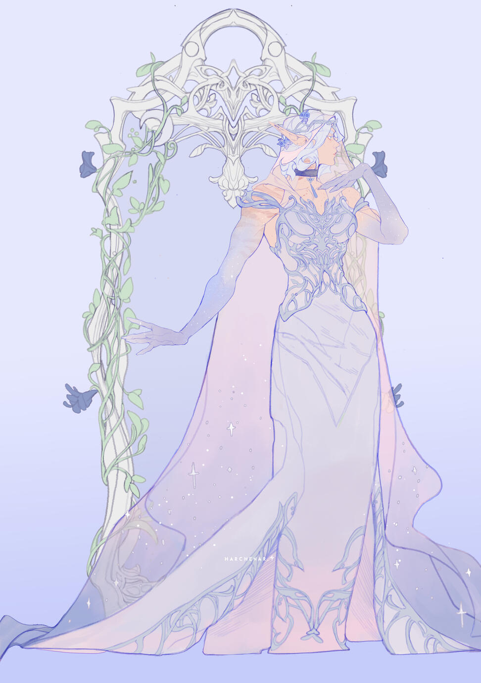 Erilihn Autumnsong in a blue-pink ballgown with transparent sparkly fabric and an art nouveau vibe.